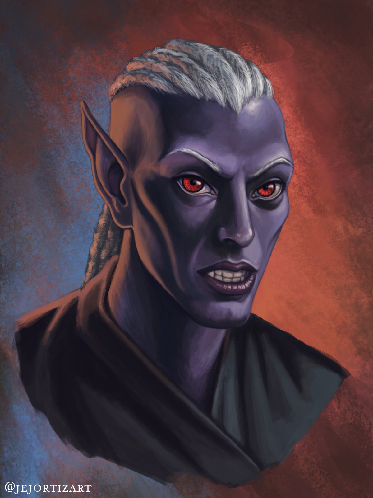 Character portrait commission of a drow dhampir.