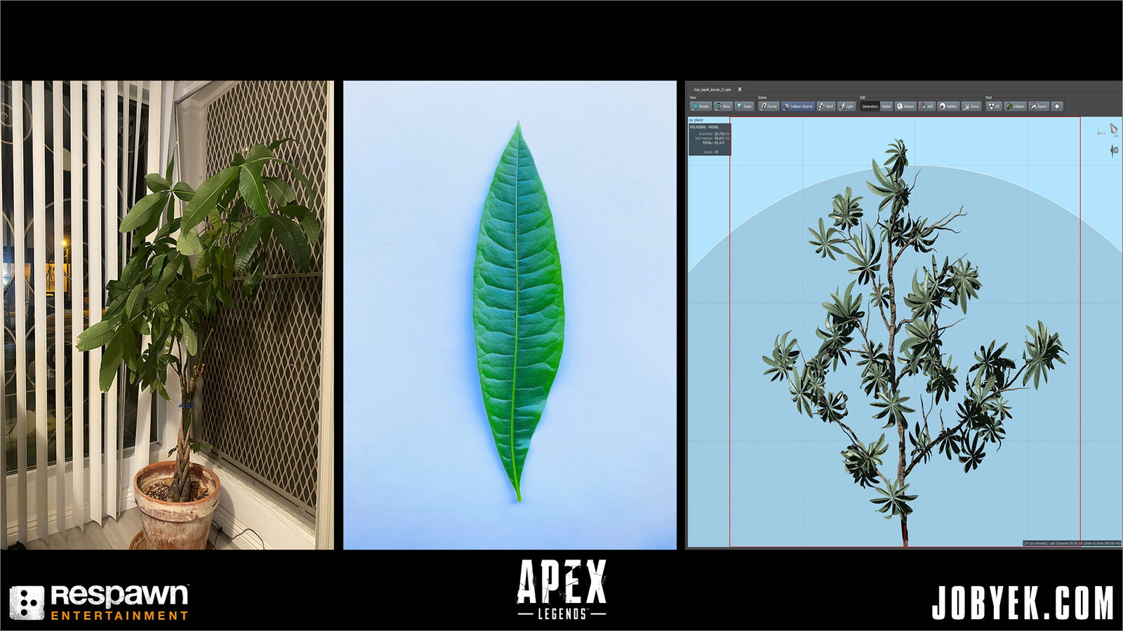 As I was sourcing reference for the Kapok tree, quickly realized its leaves were similar to my Money Tree at home! It was a good opportunity to scan and compose its atlas in Speedtree while leveraging the 'Save As Material' function.