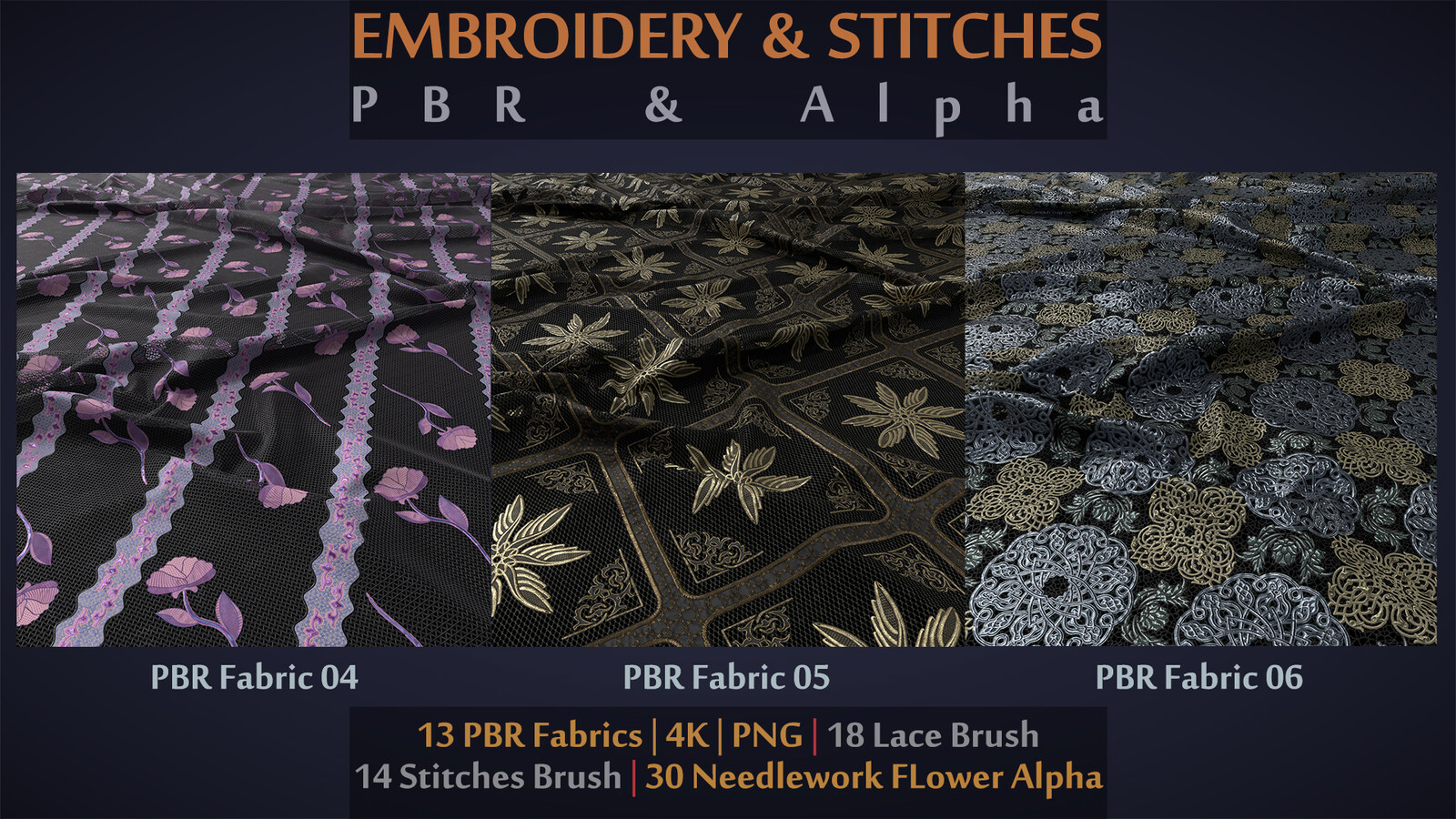 Embroideries &amp; Stitches &amp; NeedleWorks | Brush | Alpha | PBR Mats