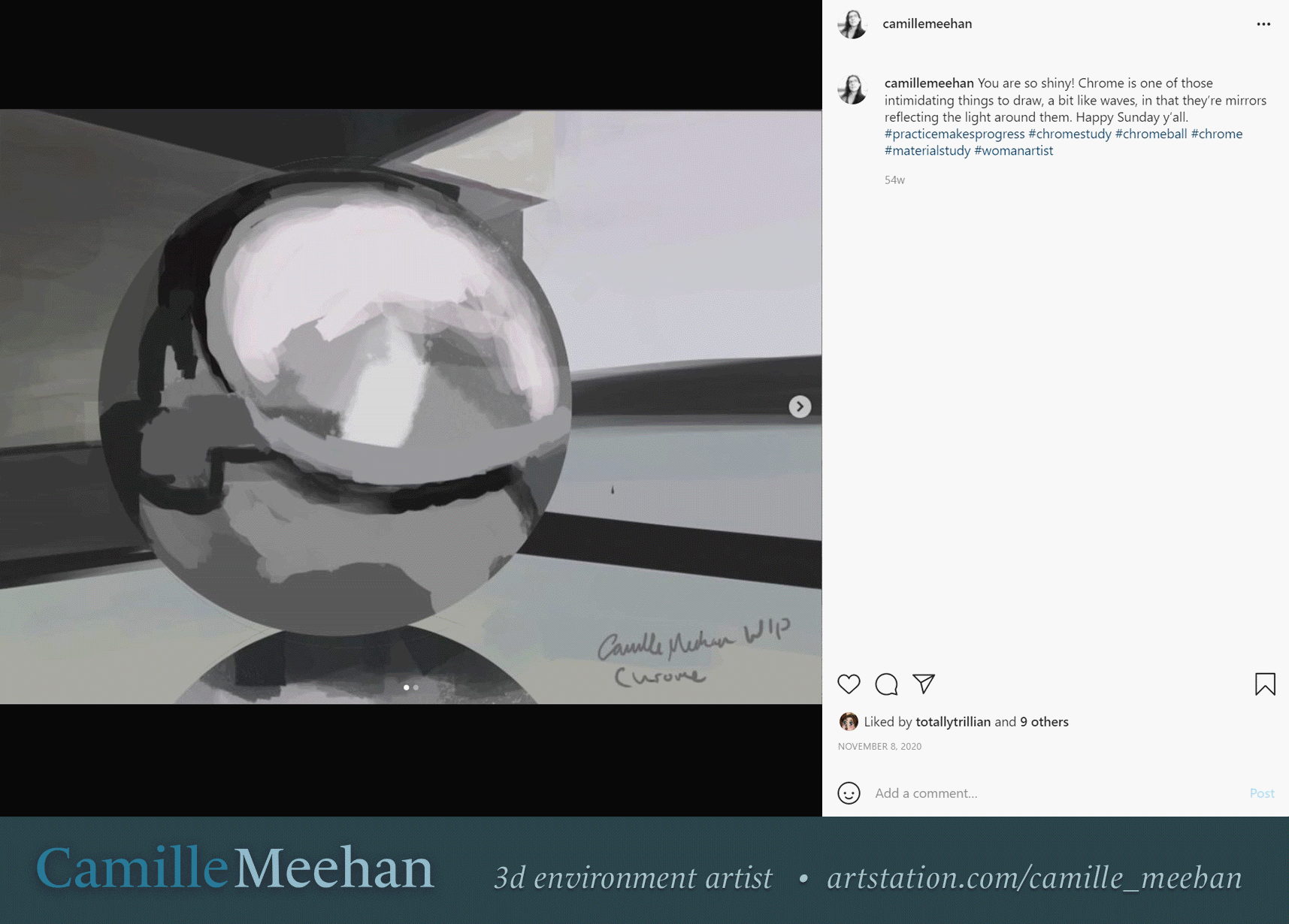 Breakdown of the chrome sphere as it developed. I would take breaks to study simpler chrome subjects, as you can see in the photo below.