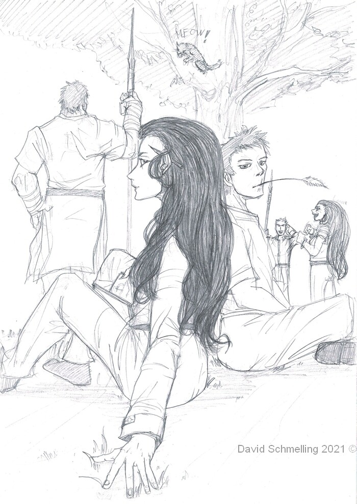 A concept drawing featuring the previous characters. Tetra (left), Hal (right), as well as characters Albrecht (background left) and Lanae (right background, further behind, Gustav). The concept drawing helps with some moments to come in the comic.