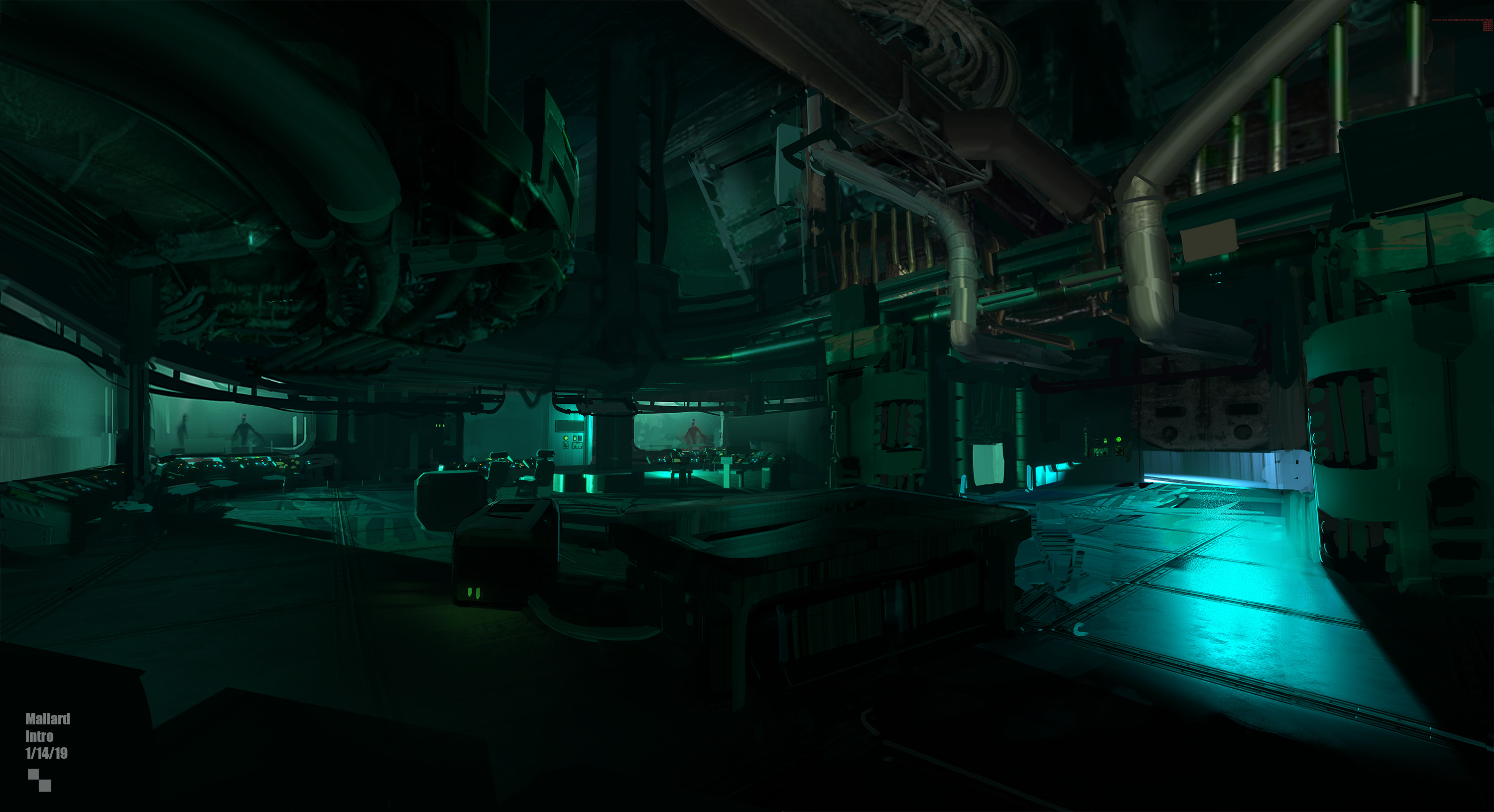 I began with paint over from existing assets in a grey box mockup of the level in Unreal.  Most of this scene was greybox.  After setting up and lighting the scene I would paint over in photoshop to define mood and assets for callout.
