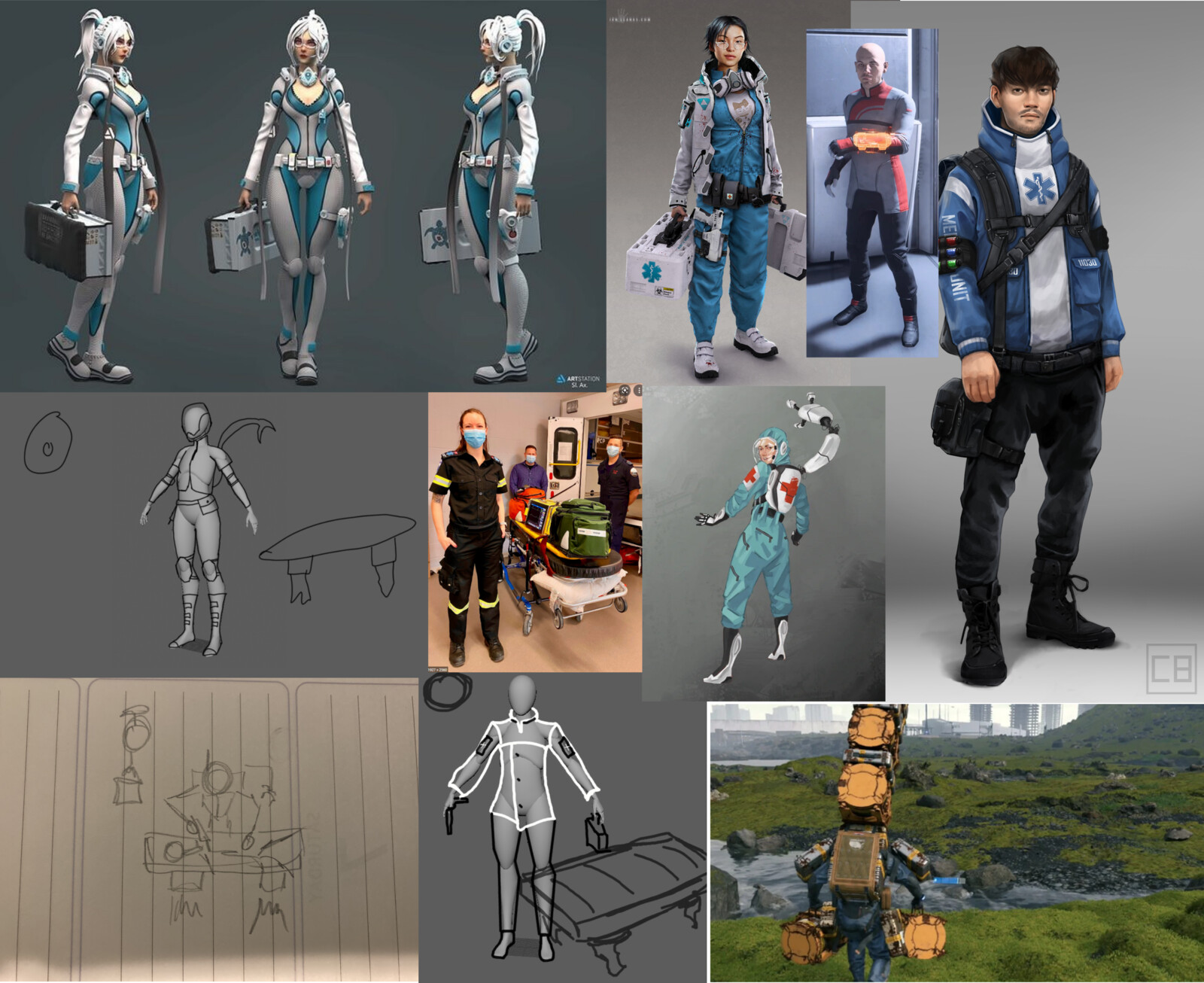 This was my moodboard for the character's clothing. I also added the sketches Gabrielle (the drawing on top with knee pads) and I did (the two at the bottom left). In the end, we mixed the drawings to create the character and the pose.