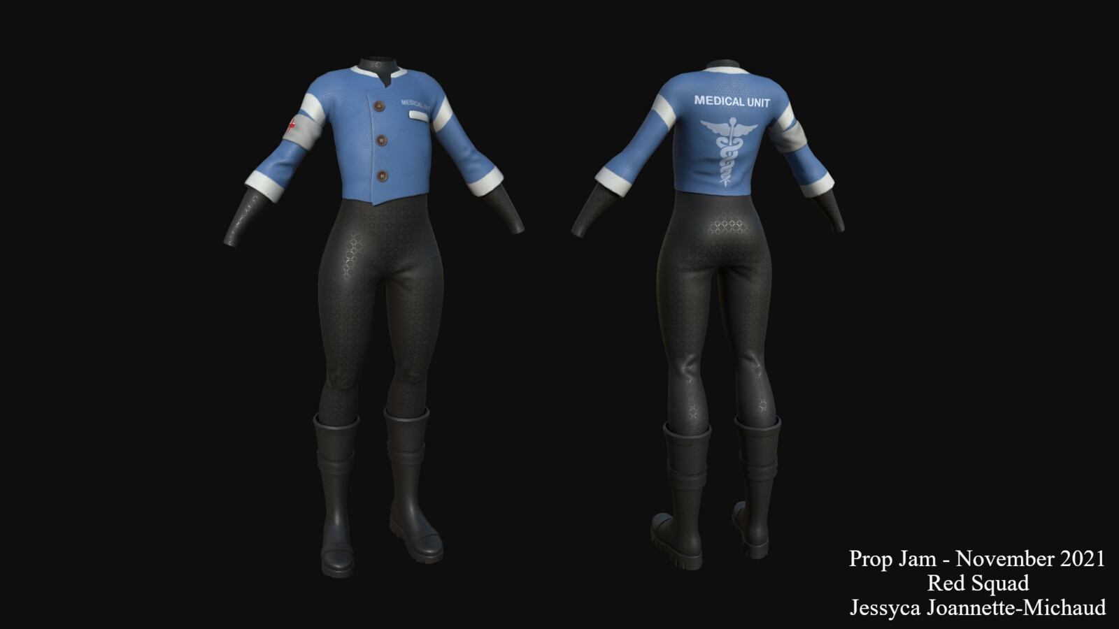 I simulated the bodysuit in Marvelous Designer and modeled the jacket, the armband and the boots in Maya. I sculpted the folds in Zbrush!