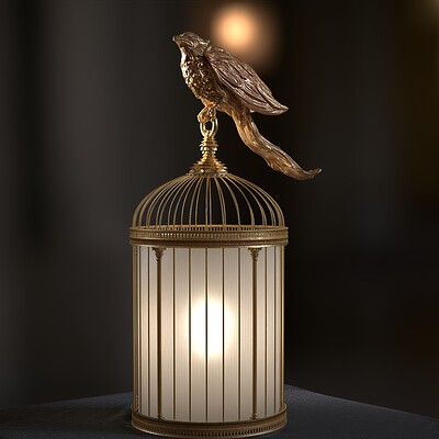 Phoenix Table Lamp / 24-carat gilded bronze,  red  patina