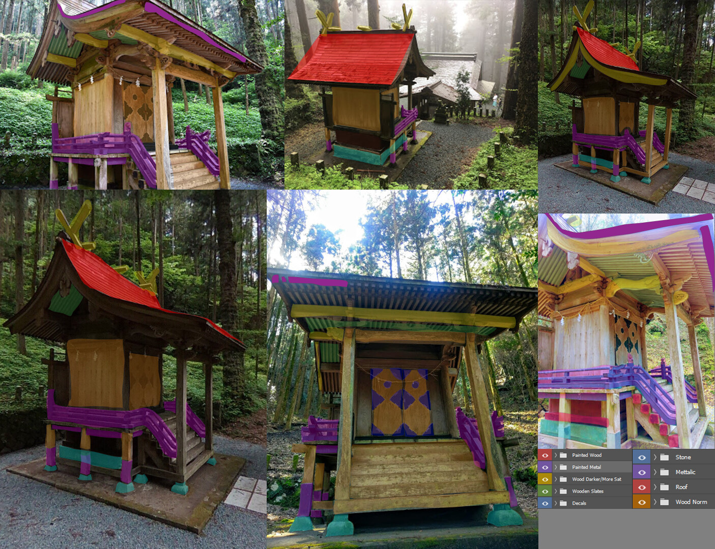 I started off by looking at my references and breaking it down into different materials that I'll need for my trim sheet.
I used color folder in Photoshop to stay organized.