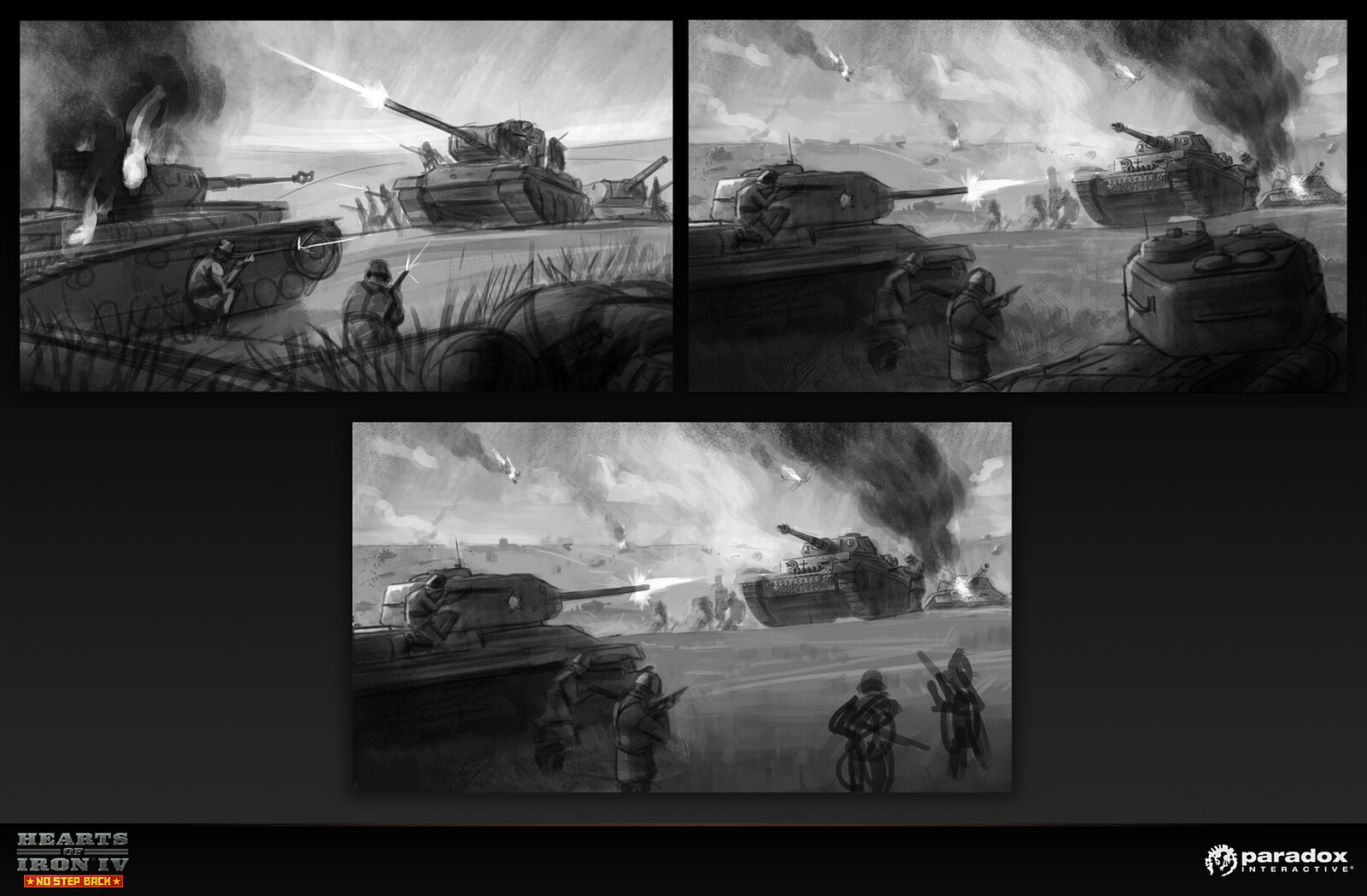 The developments of the sketch to reach the final composition.