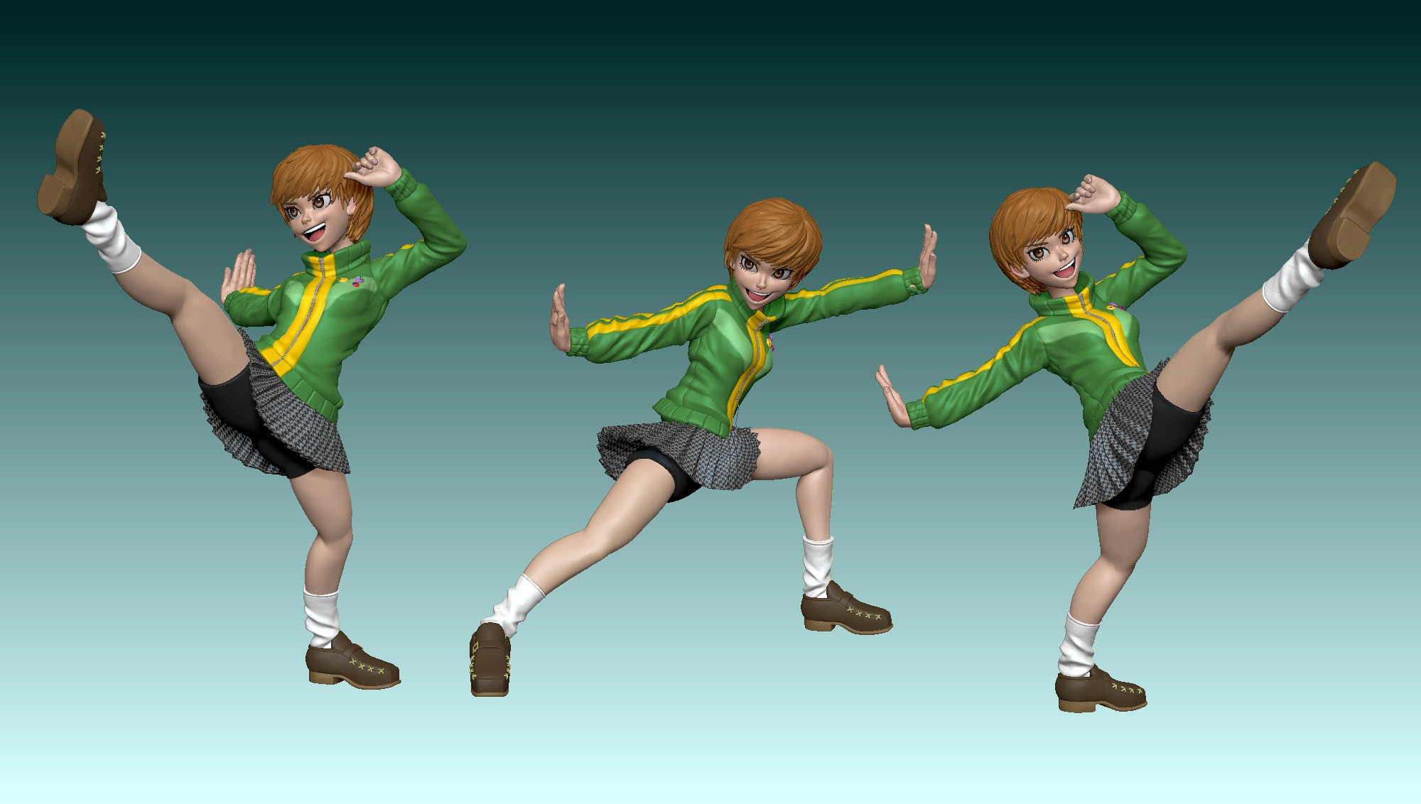 Some of the poses I experimented with. The squat had potential but I really wanted her kicking. It was hard to find a good balance of twisting the torso and still having the kick feel like martial arts rather than dancing.