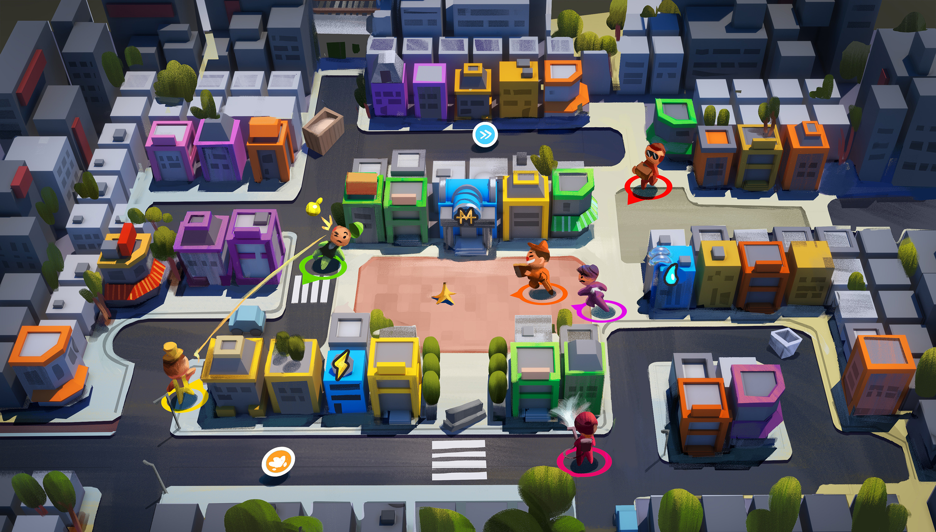 I was asked to join development at the earliest stage, so to start us off I did simple concepts like this to show how the game might look with some color and characters. I wrote a style guide in parallel. 