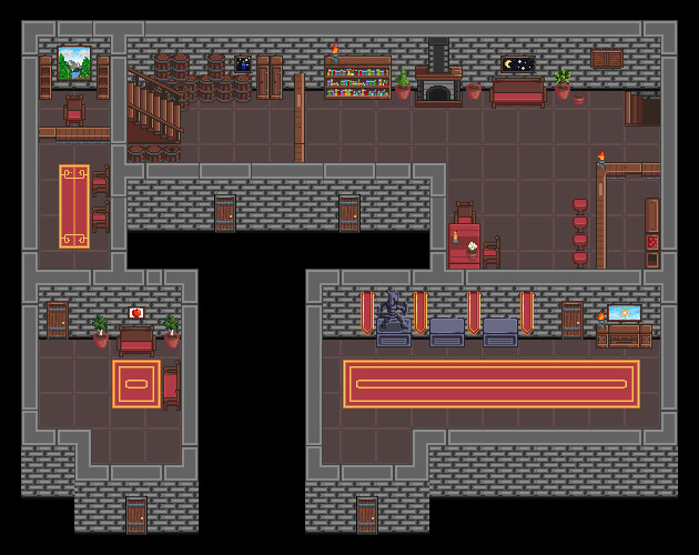 The barracks. A hall to depict statues of mighty warriors, a bar, a waiting room, the managers office and a path to the second floor.