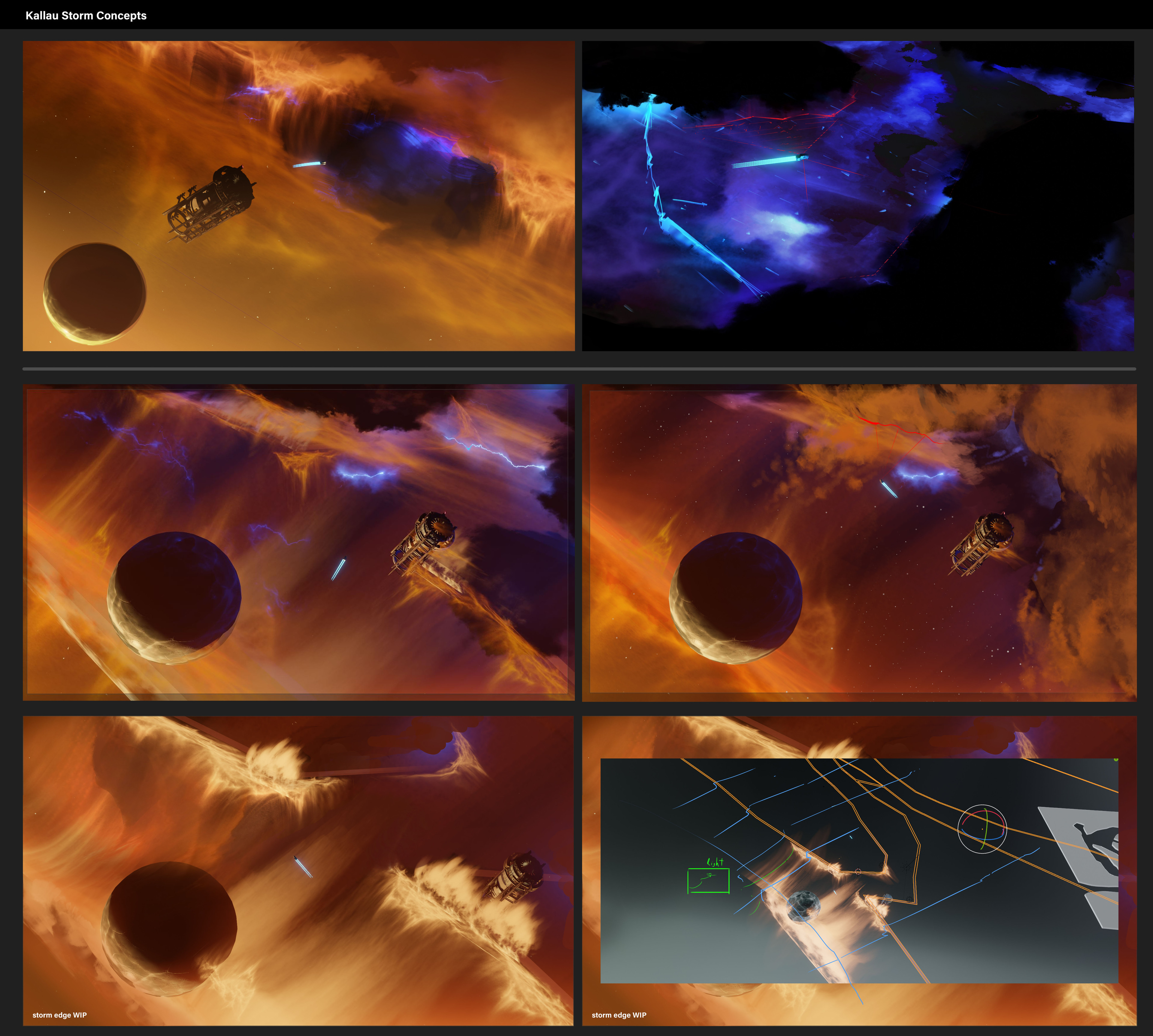 Space storm VFX concepts built in blender and then painted over. The concepts were built around Design's desire to enter the storm and navigate it like a maze. The storm tech we built inherited its' shape from the ProBuilder meshes design handed us.