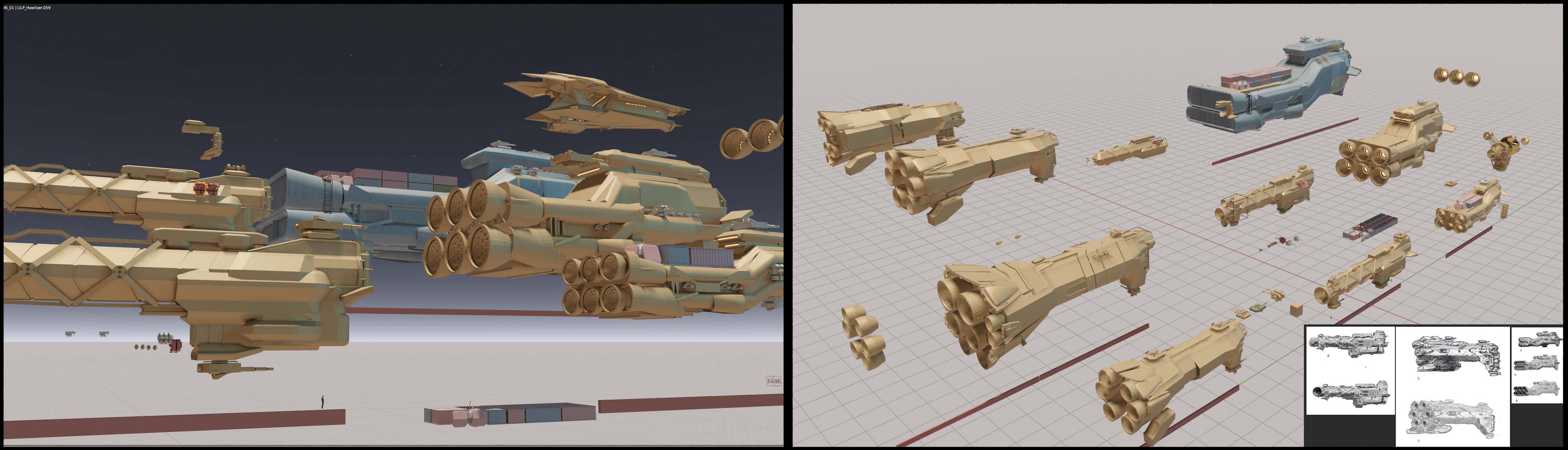Very fast 3d blockouts of ships based on thumbnails by Alex Jay Brady, one of which became the basis for the Javelin.