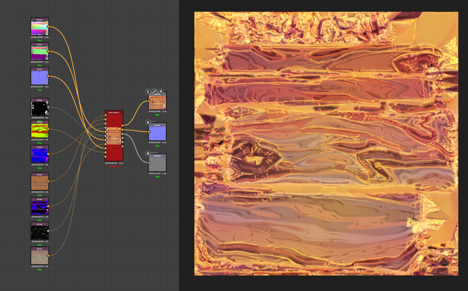 Using the masks from Houdini inside of Substance Designer generates the final output maps.