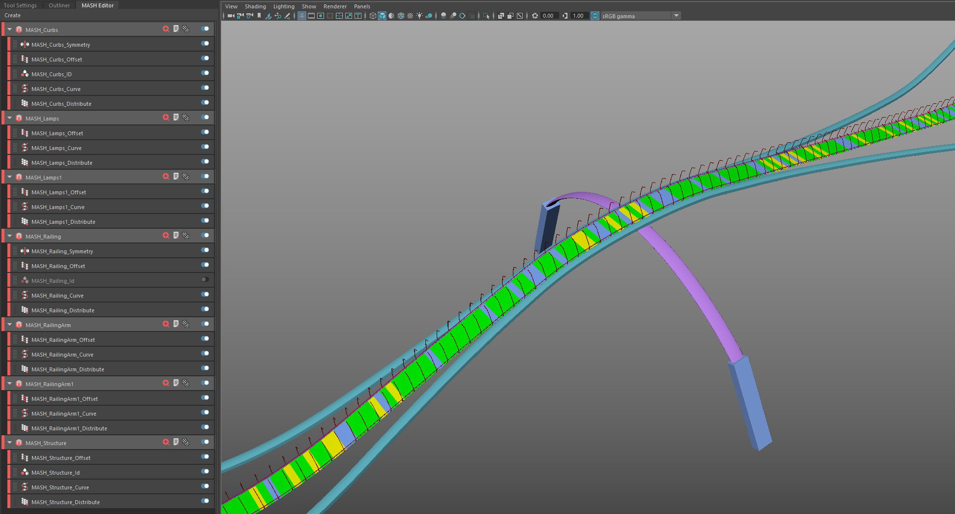 I used MASH to populate the bridge meshes along a curve.