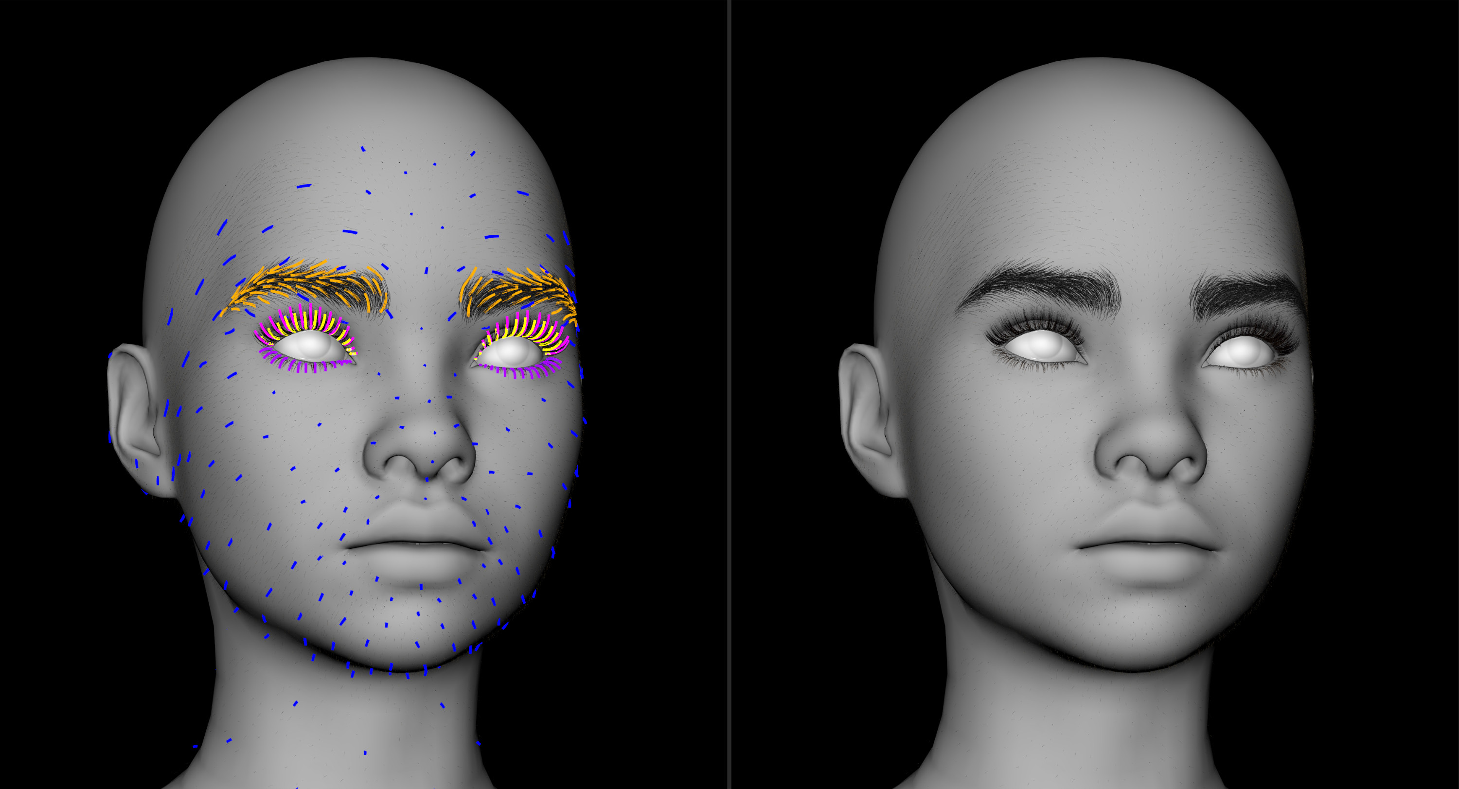 Xgen face groom first converted to ribbons for a Digital Human style in UE then later to Grooms for binding in UE.