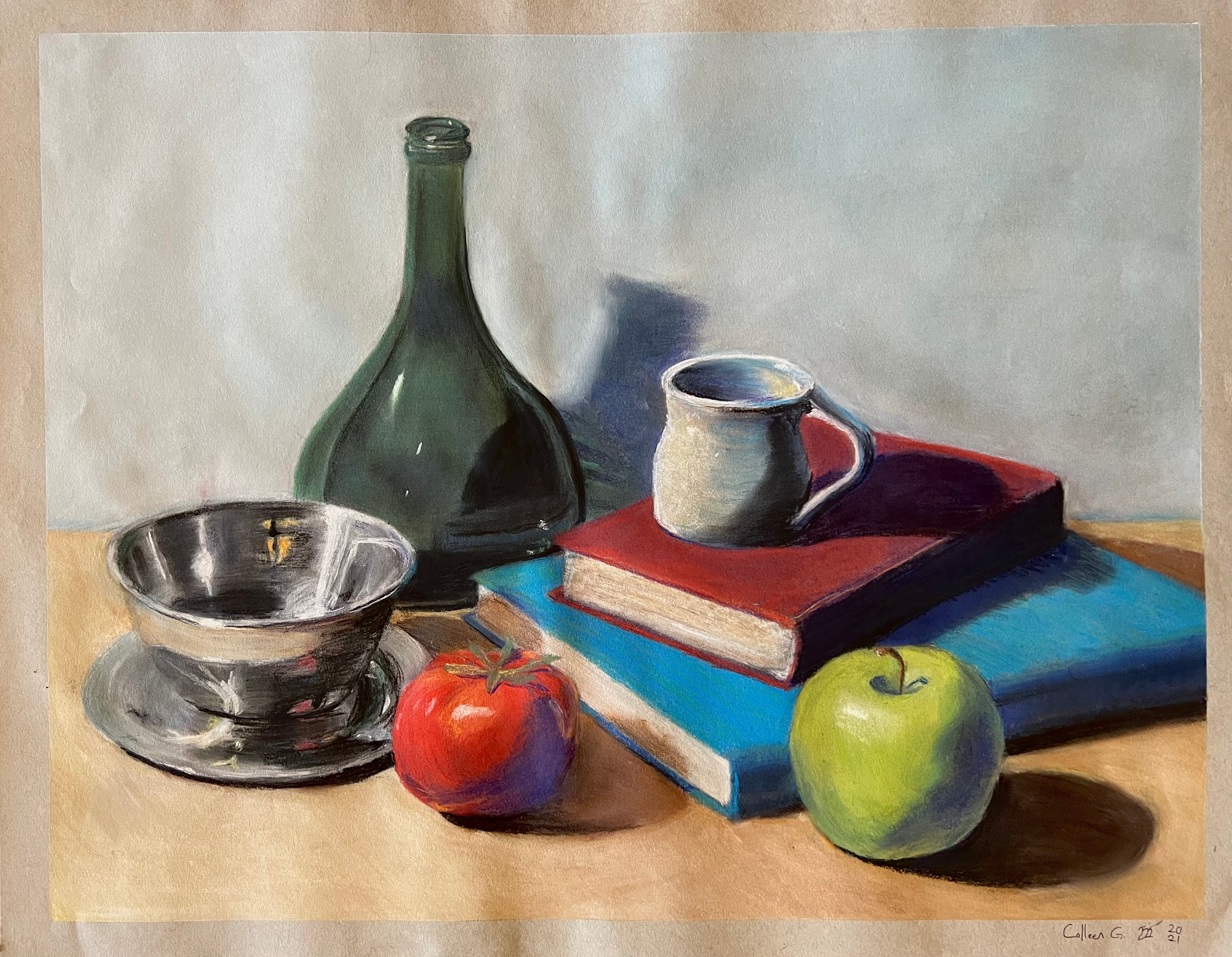 My final project! The only piece we did in color, my professor let us use colored conté crayons to do this still life. He wanted us to practice shiny things.
~14 hours.
