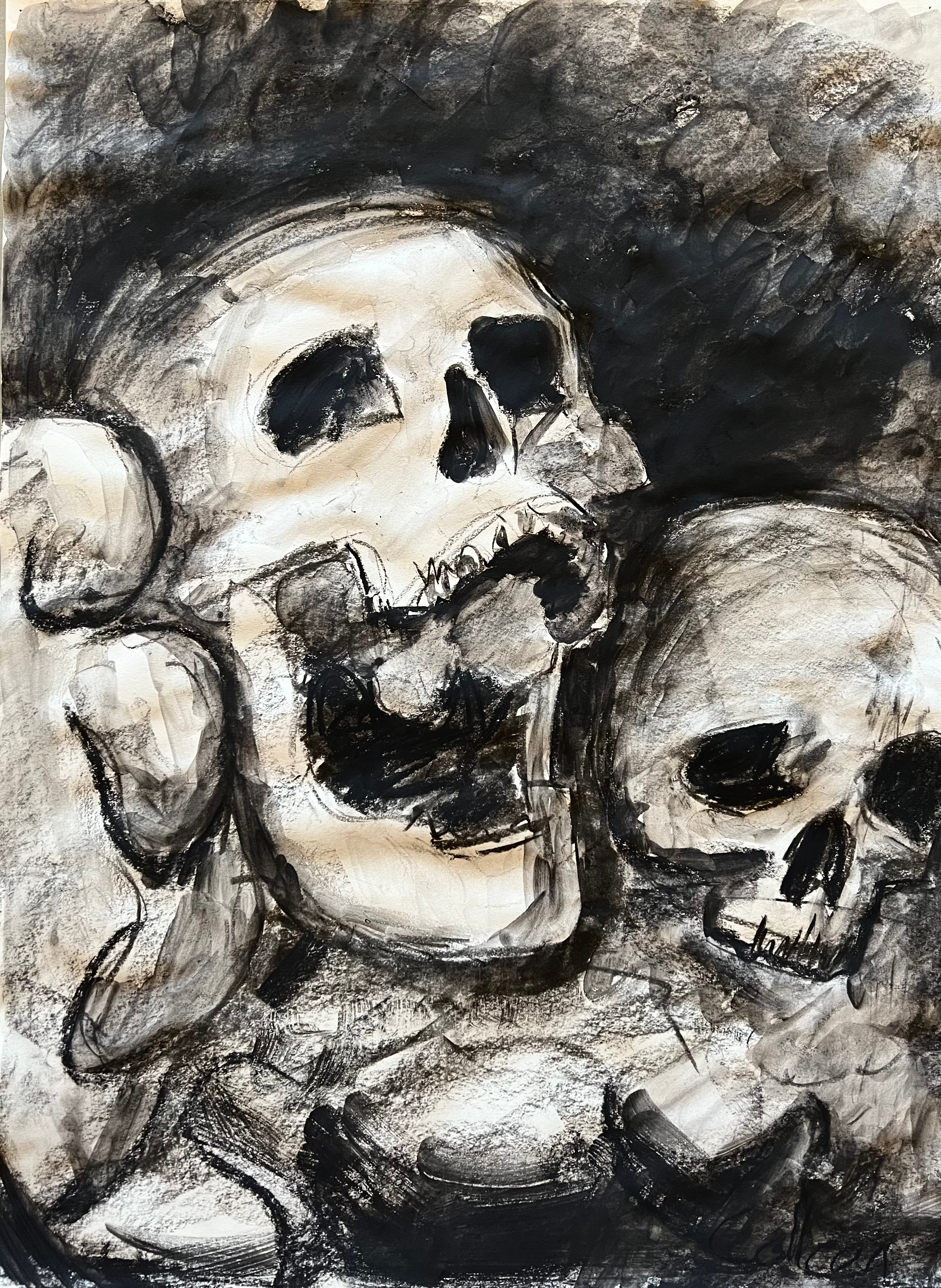 A sketch in charcoal later brushed over with water, inspired by the Paris Catacombs. 
Time: 15 minutes
