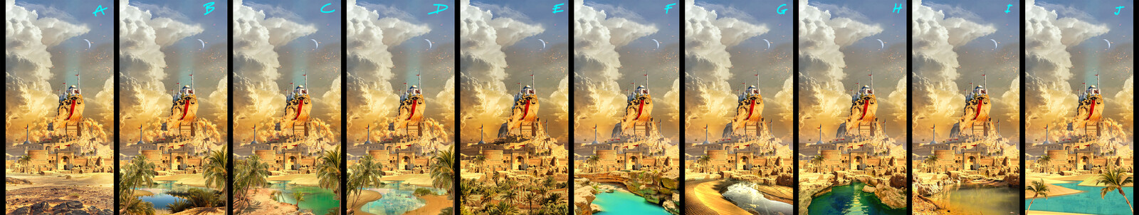 I had played around with several oasis designs (a few WIPs of which are shown here), in the end I felt they distracted too much from the tower &amp; perhaps made the overall impression too friendly.