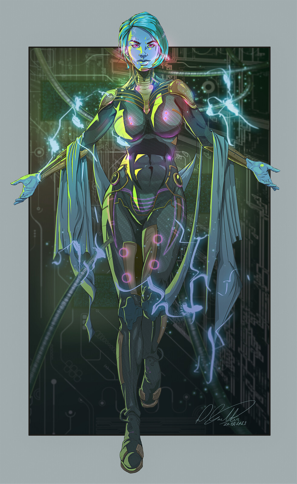 A cyberpunk priestess type character I made.