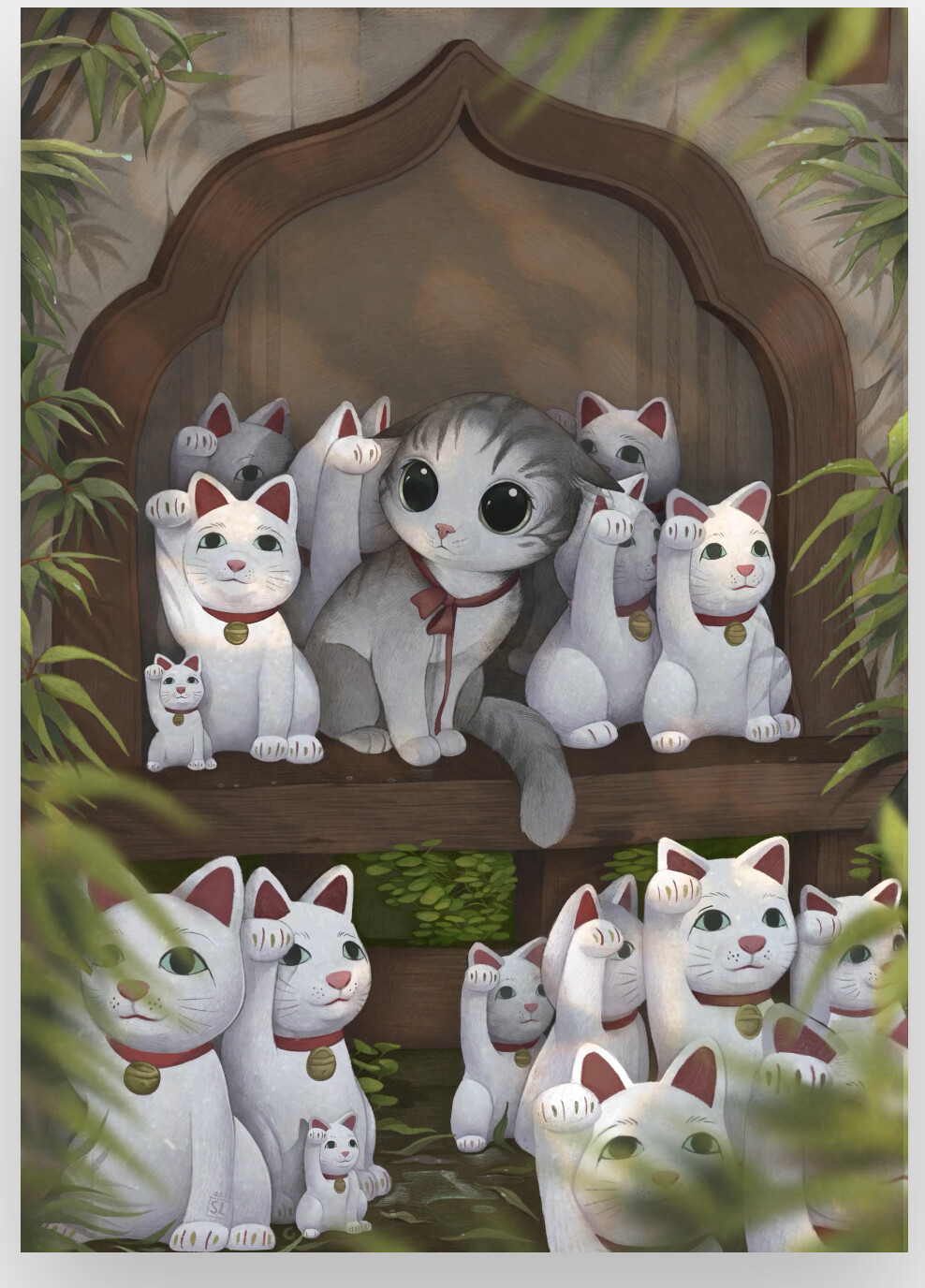 Yuki hides from the rain. Inspired by a Japanese temple. 

SOLD