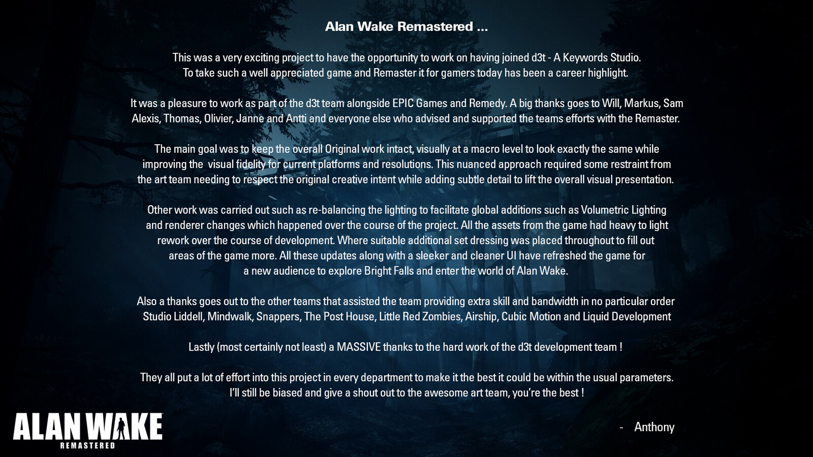 Alan Wake Remastered Intro