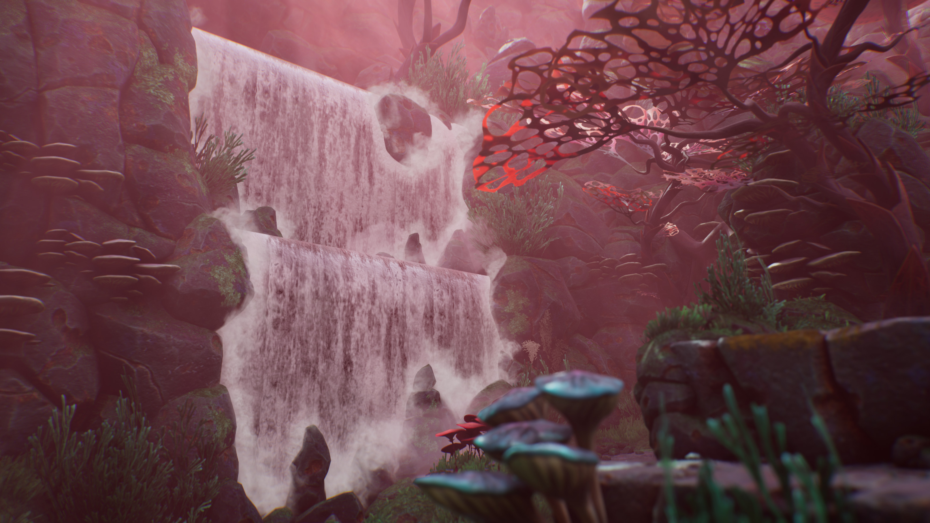 The waterfalls automatically create foam effects where they intersect geometry, allowing level artists to place them quickly.