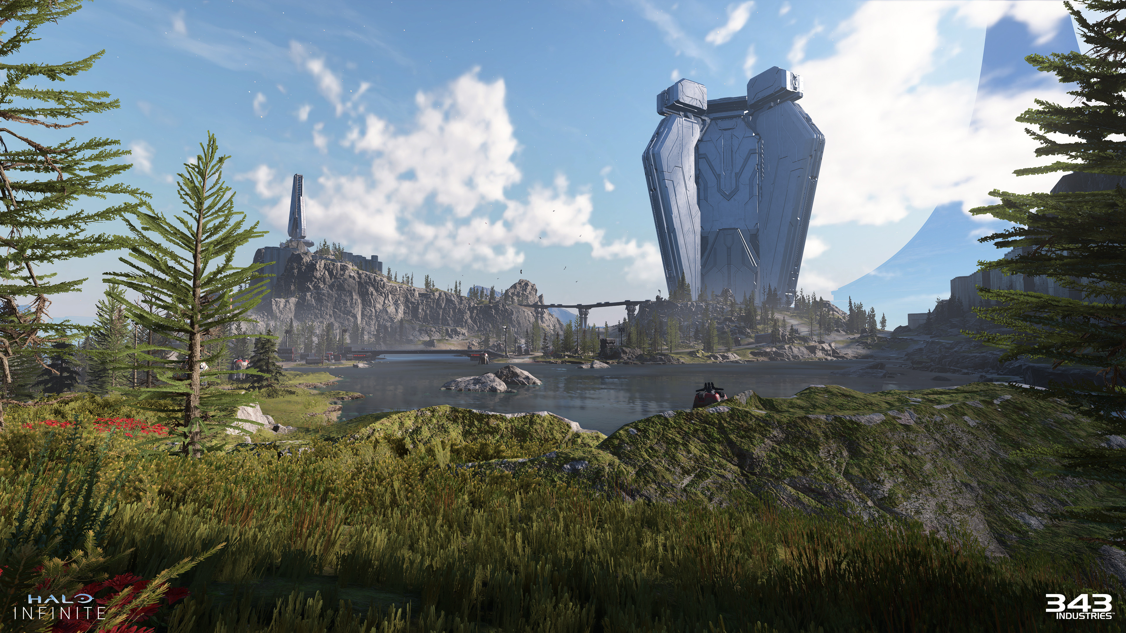 The majority of the eastern half of the map I did reflection work for Halo Infinite. This shot catches a lot of different areas I worked on well. From the large spire, to the grand lake, to the banished structures, all the way to the forerunner tower.