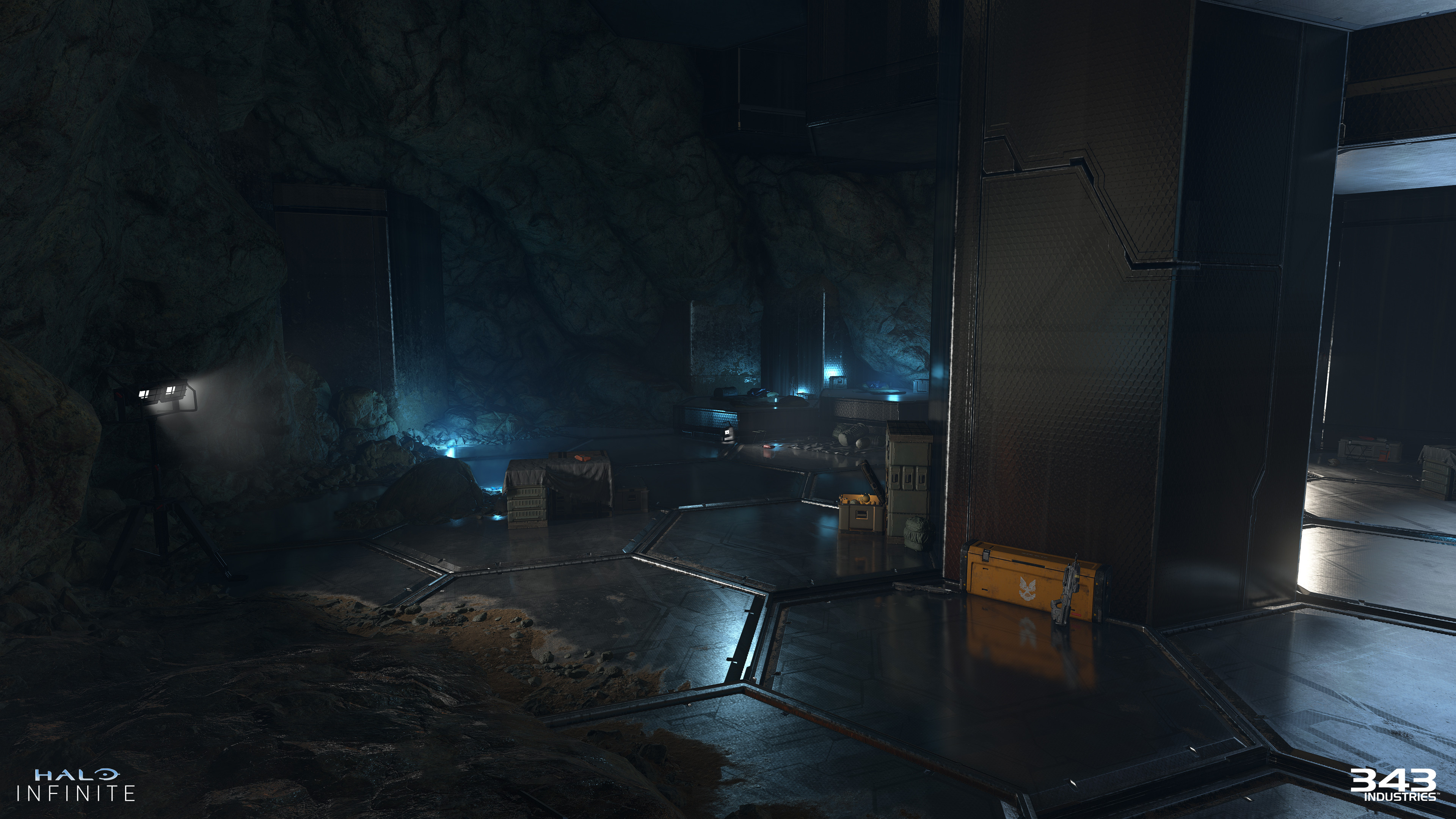 Flares and standing lights are littered around this marine defensive point in the cave to give it a scattered bit of storytelling.