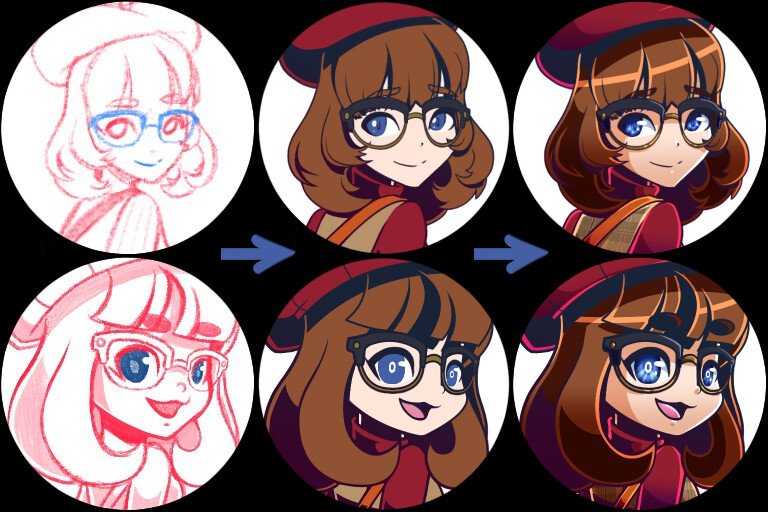 1. Sketch 2. Lines + Flat Colors 3. Add Shading