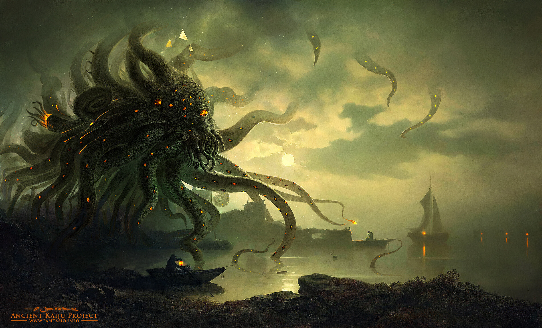 Shoggoth &amp; H.P. Lovecraft at Moonlit Bay - after S. Jacobsen