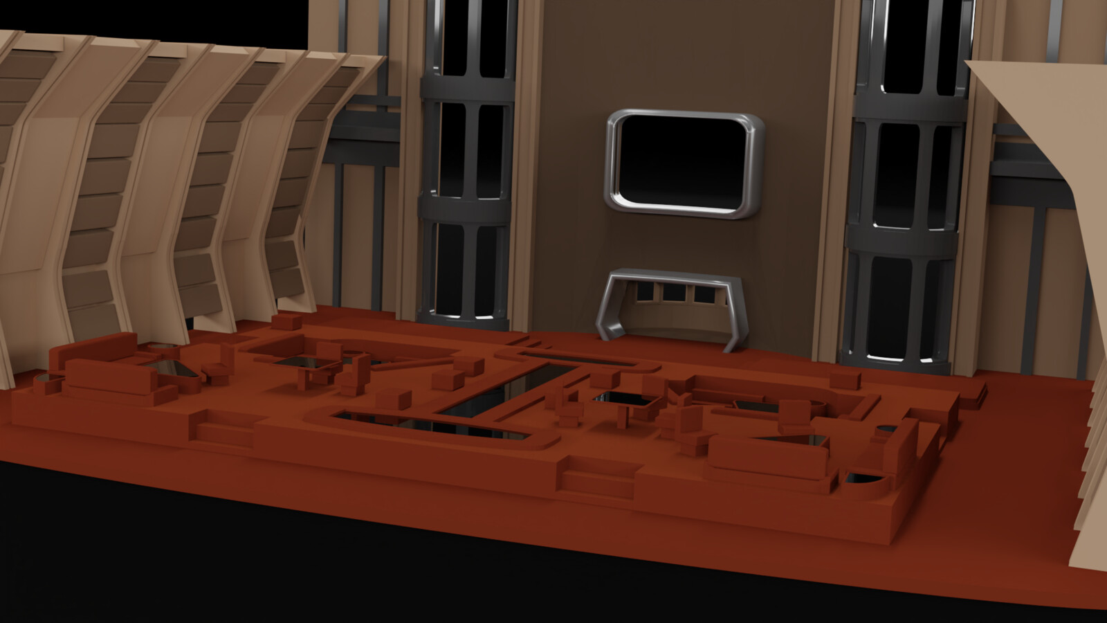 Here is a render with an early version of the back wall.