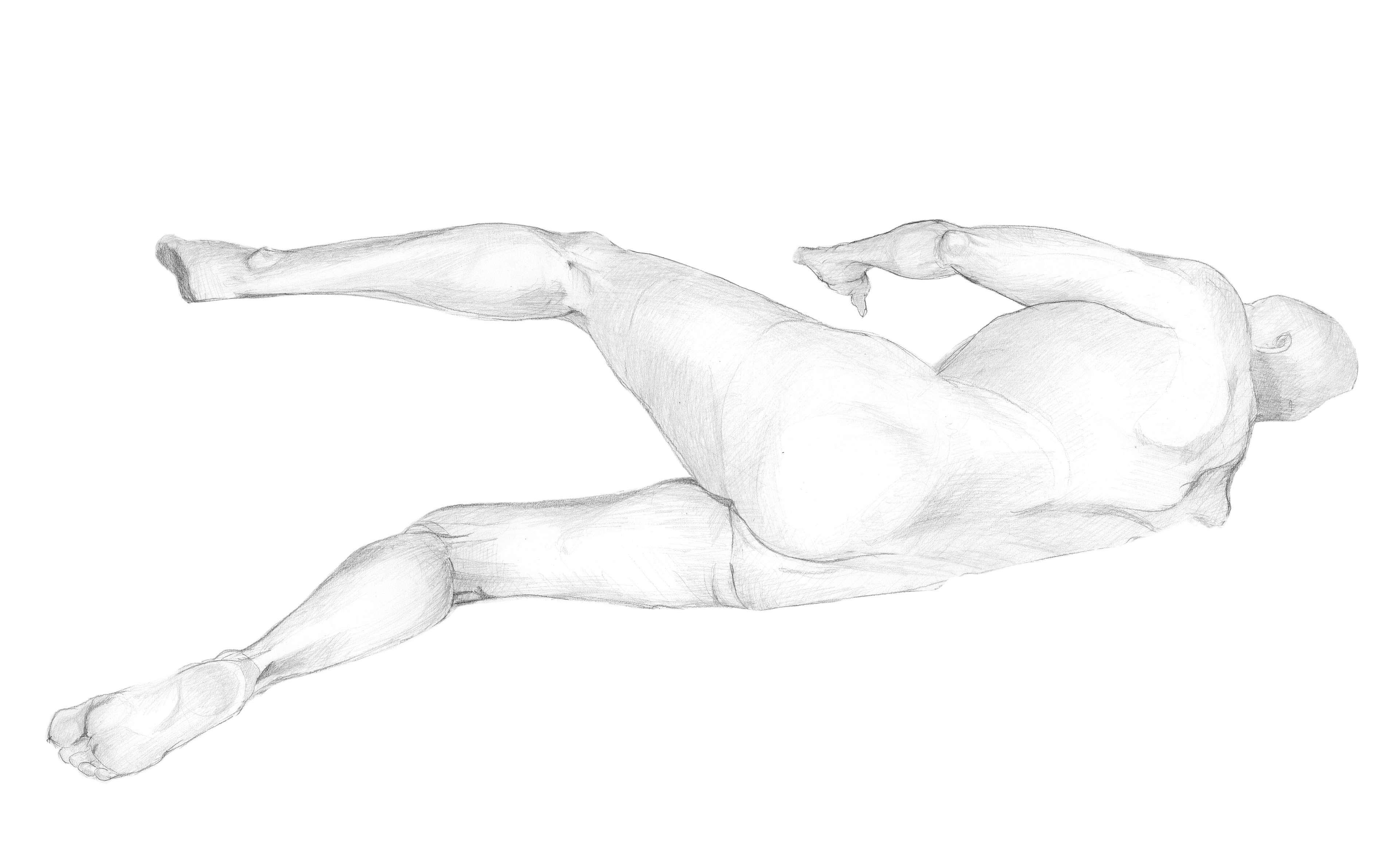 Pencil drawing of a Life drawing of a model laying on their right side showing the viewer thier backside.