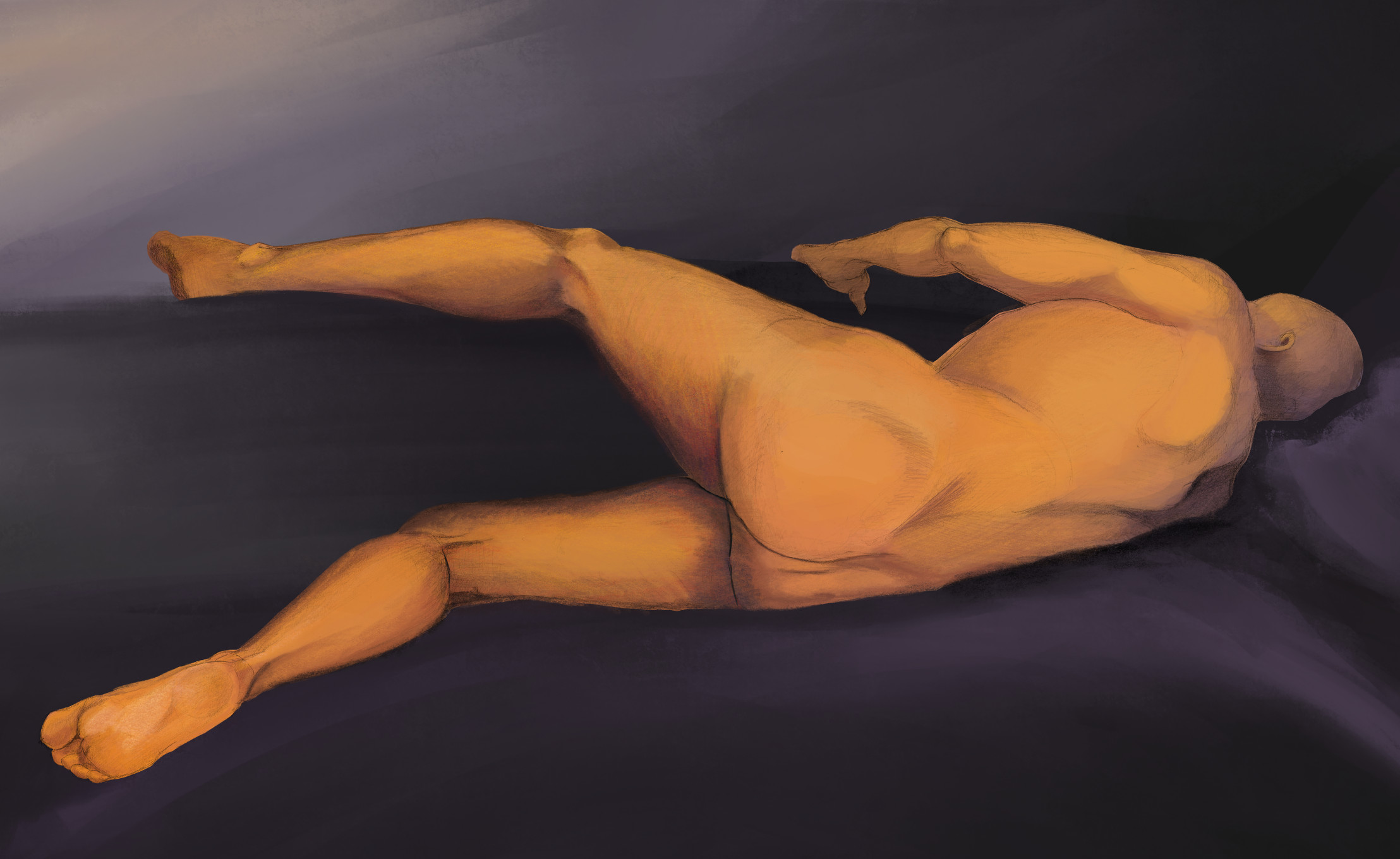 Digital painting of the pencil drawing of the model using occur yellow for model and dark purple for the backgorund and bedding