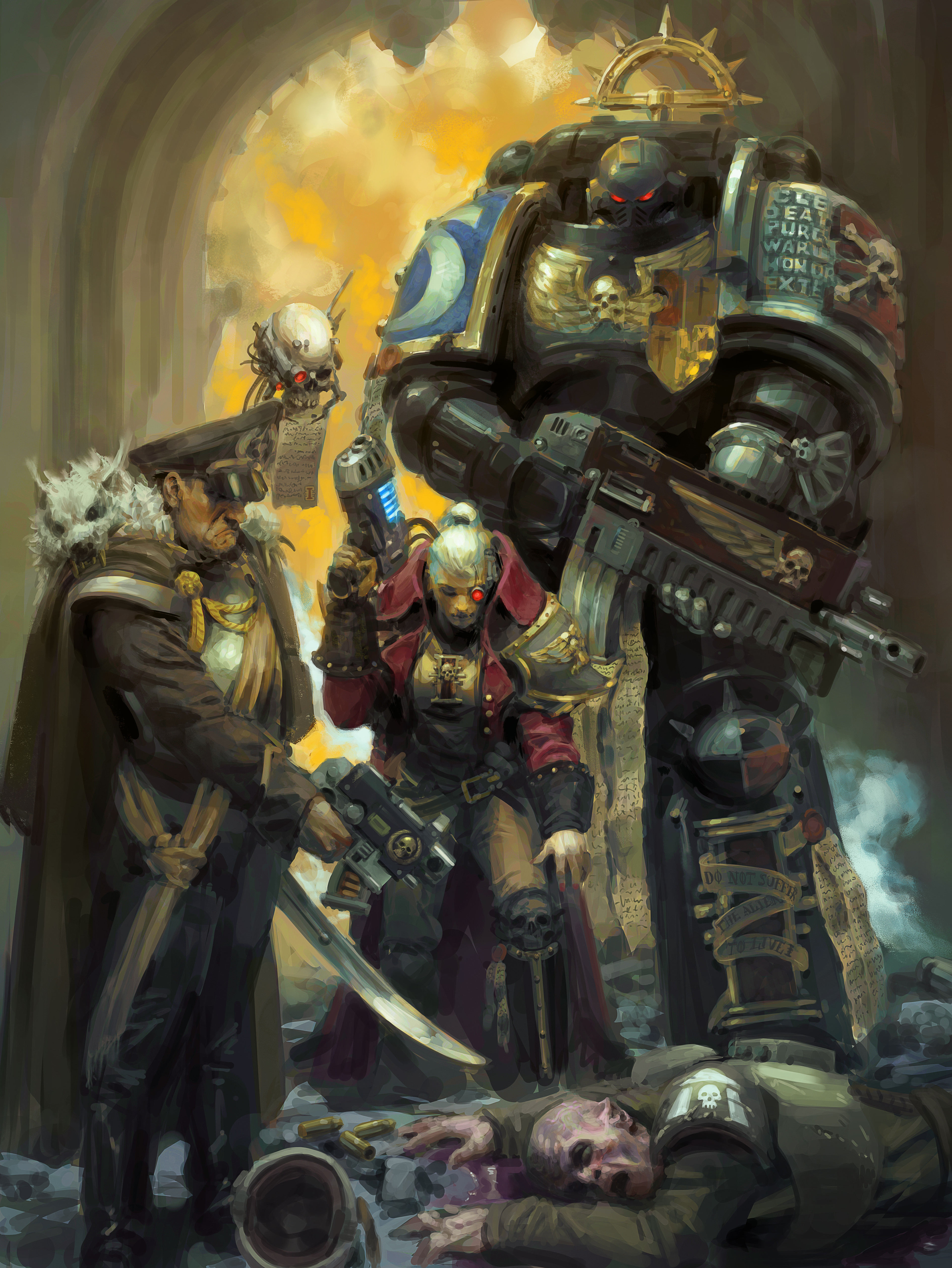 Inquisitor Jenita Huln of the Ordo Xenos  at the sight of investigation with Commissar Gilliam Svenkov and Deathwatch Lieutenant Agamemnon.