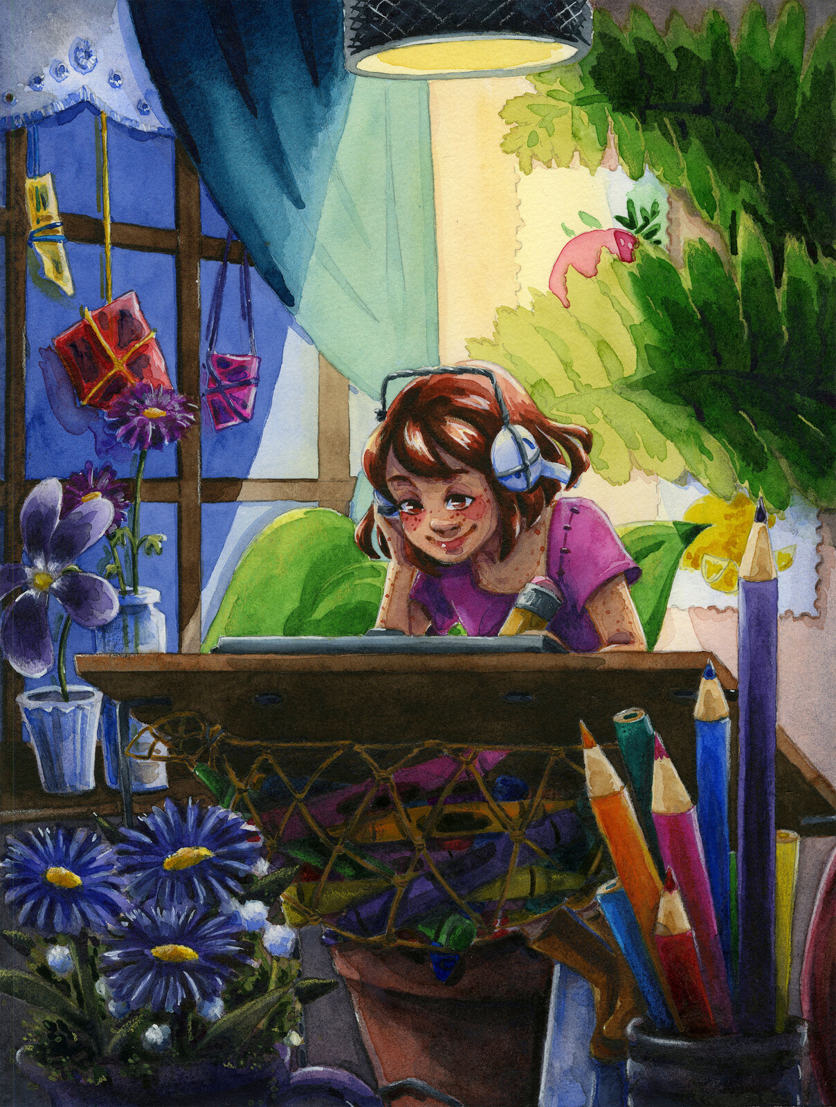Watercolor illustration reimaginging the LoFi girl
