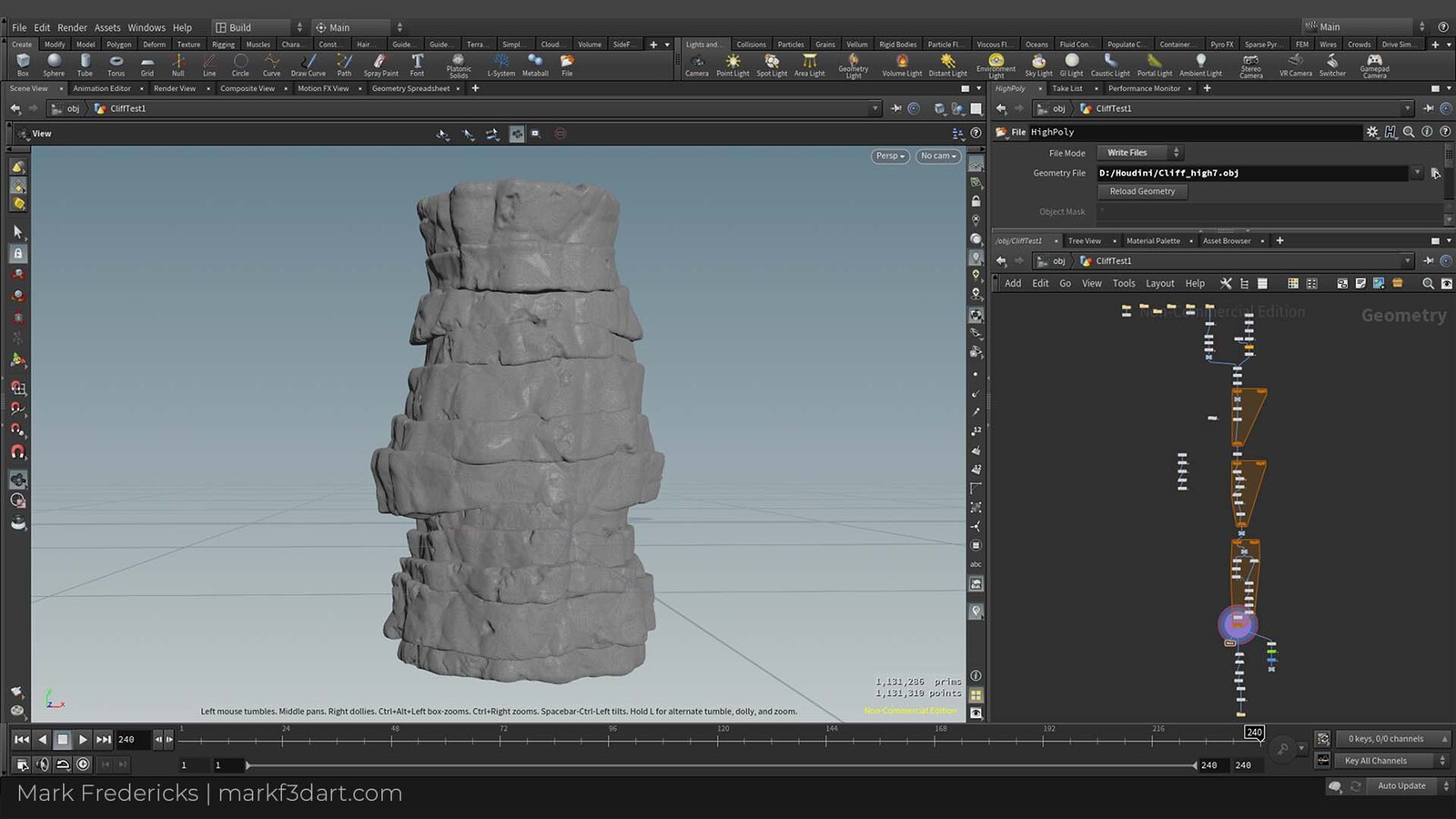 A screenshot in Houdini of the graph and a high poly cliff.