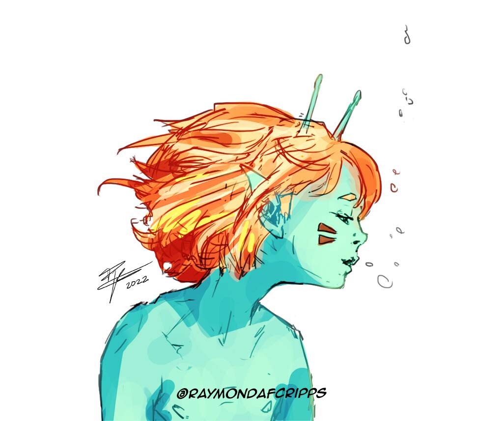 Late night sketch. Trying goldfish + sea palette.