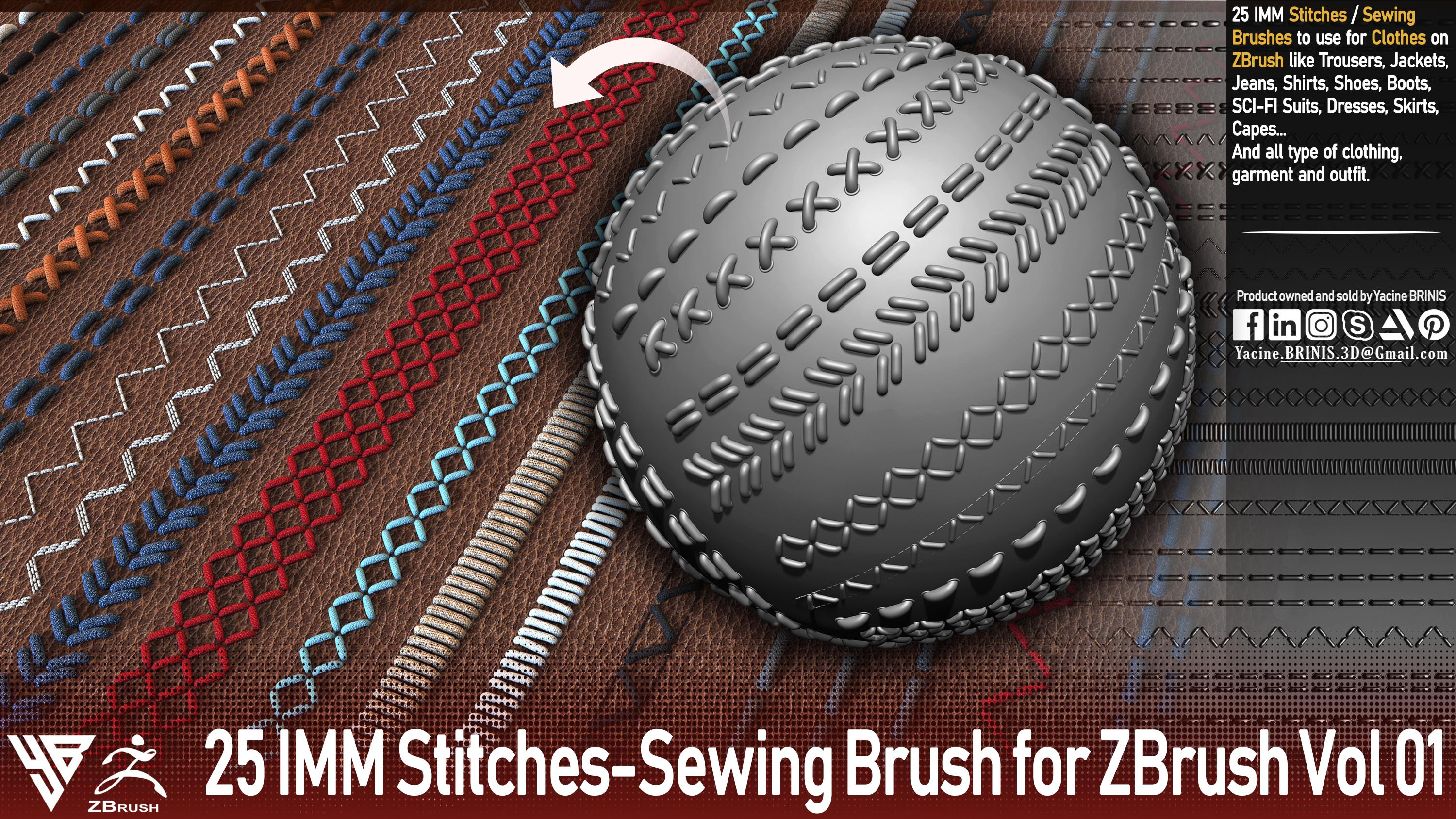 25 IMM Stitches-Sewing Brush for ZBrush Vol 01 By Yacine BRINIS Set 001