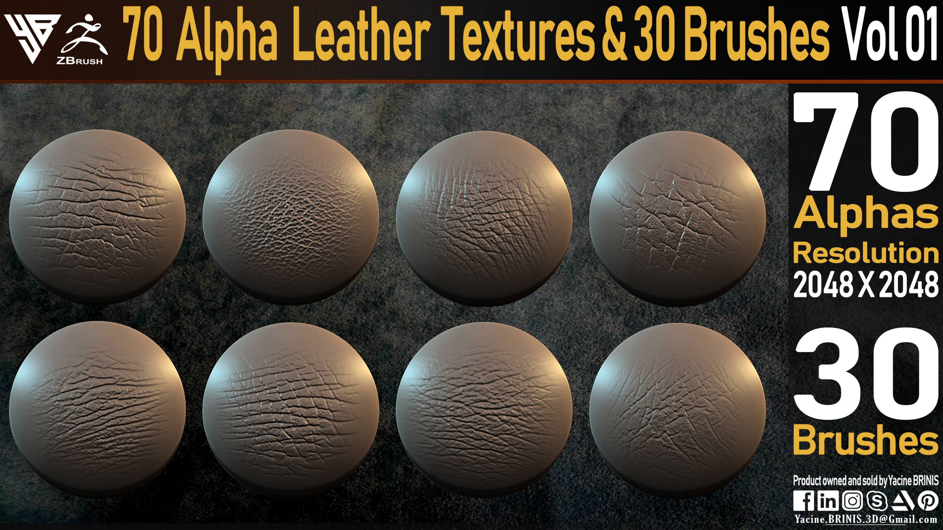 Leather textures pack (Alphas and Brushes) Vol 01 (By Yacine BRINIS) Set 01