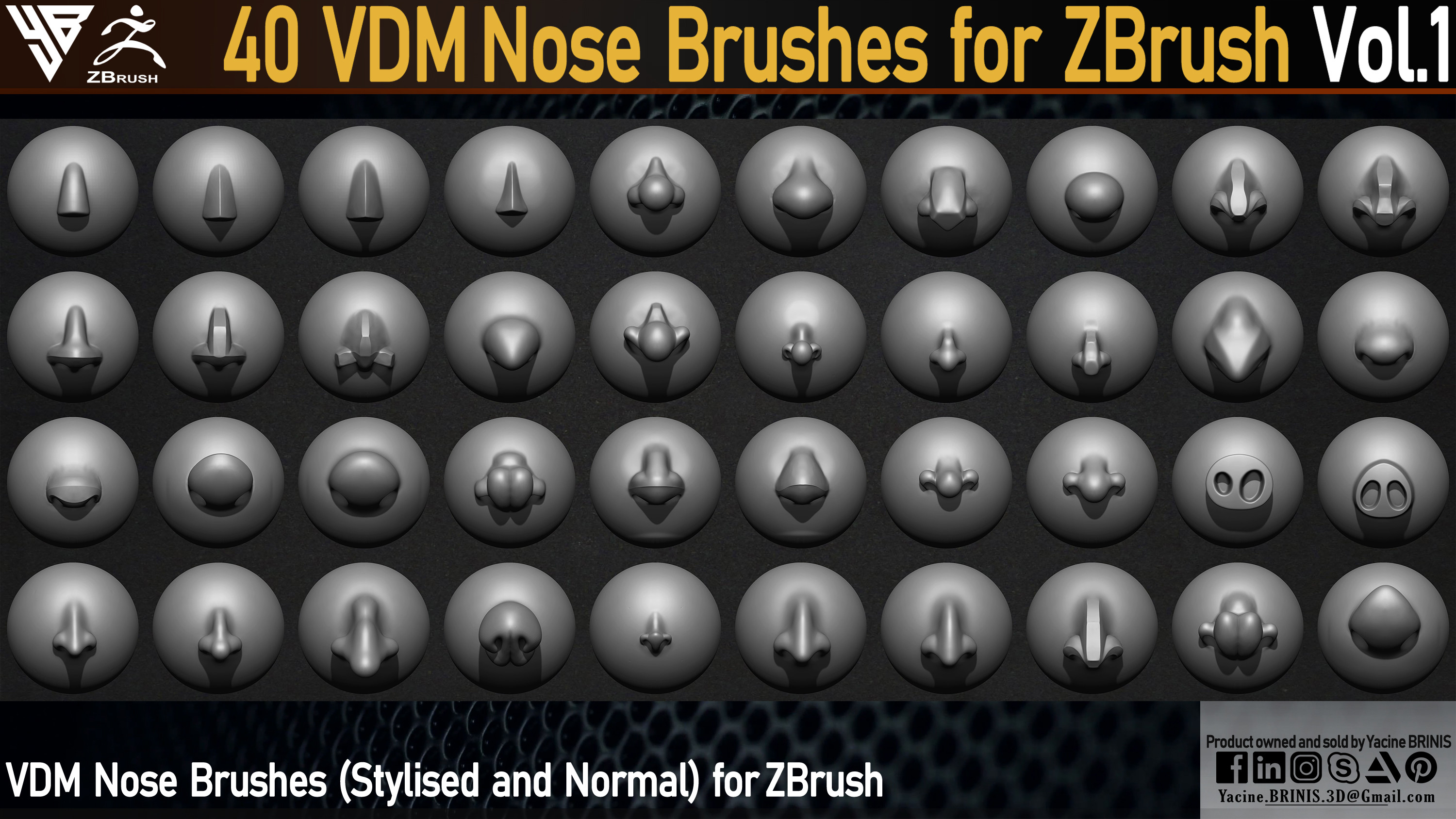 40 VDM Nose Brushes for ZBrush Vol 01 (Stylised and Normal) by Yacine BRINIS Set 04