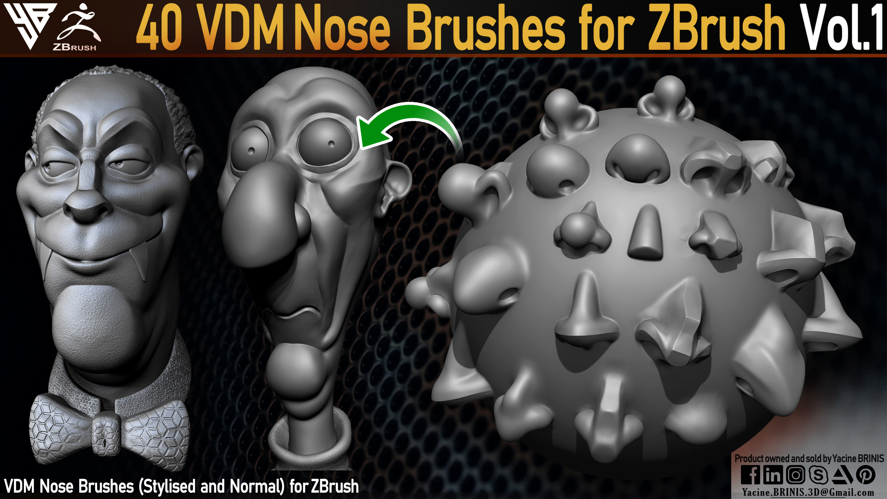 40 VDM Nose Brushes for ZBrush Vol 01 (Stylised and Normal) by Yacine BRINIS Set 01