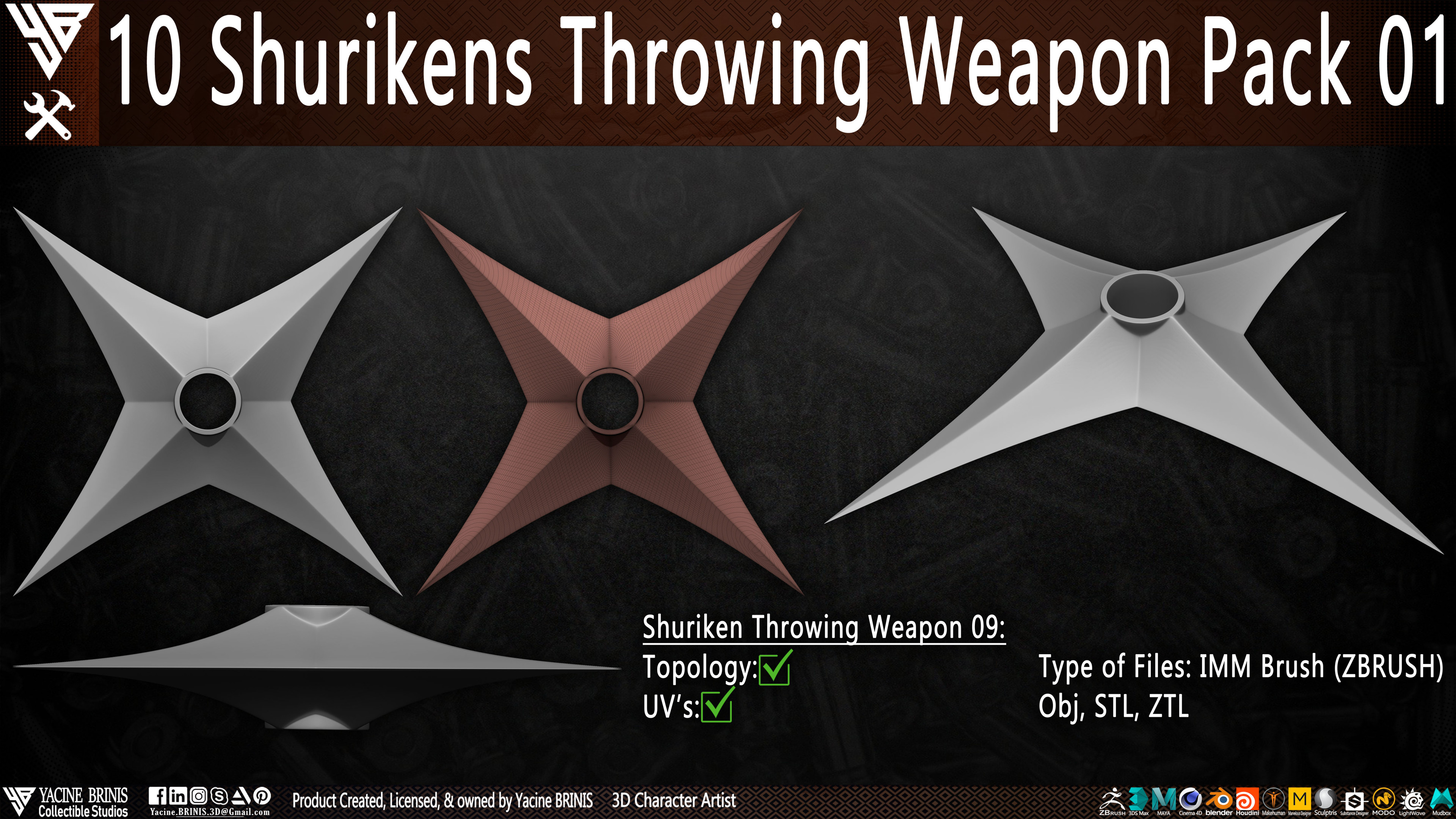 10 Shurikens Throwing Weapon Pack 01 sculpted by Yacine BRINIS Set 12