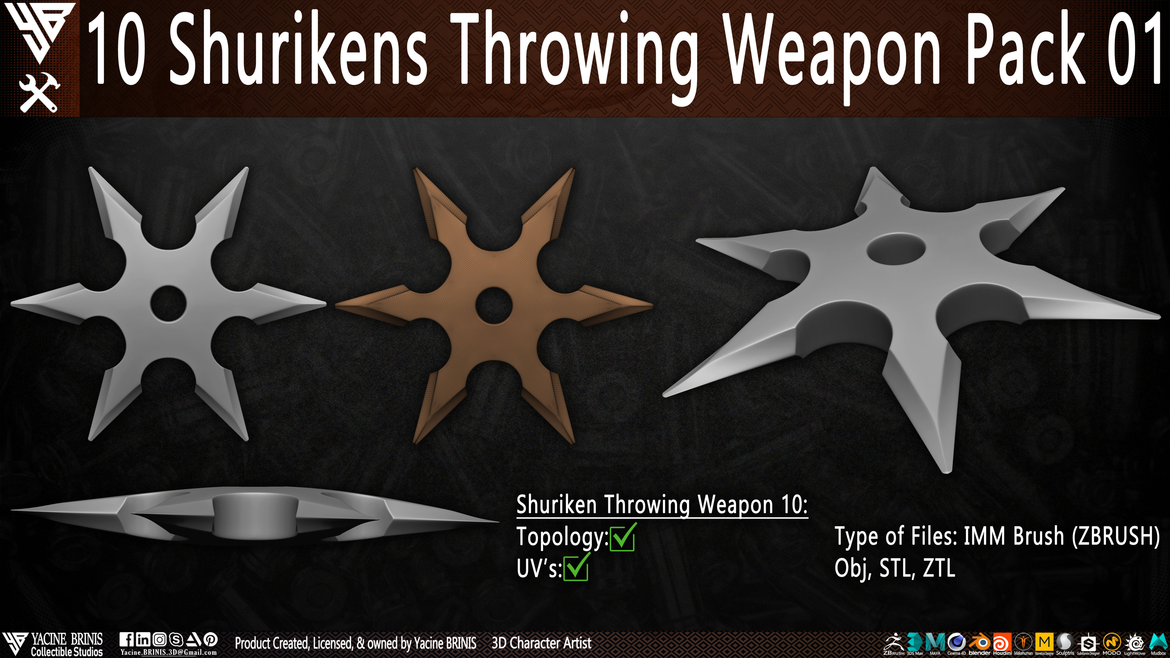 10 Shurikens Throwing Weapon Pack 01 sculpted by Yacine BRINIS Set 13