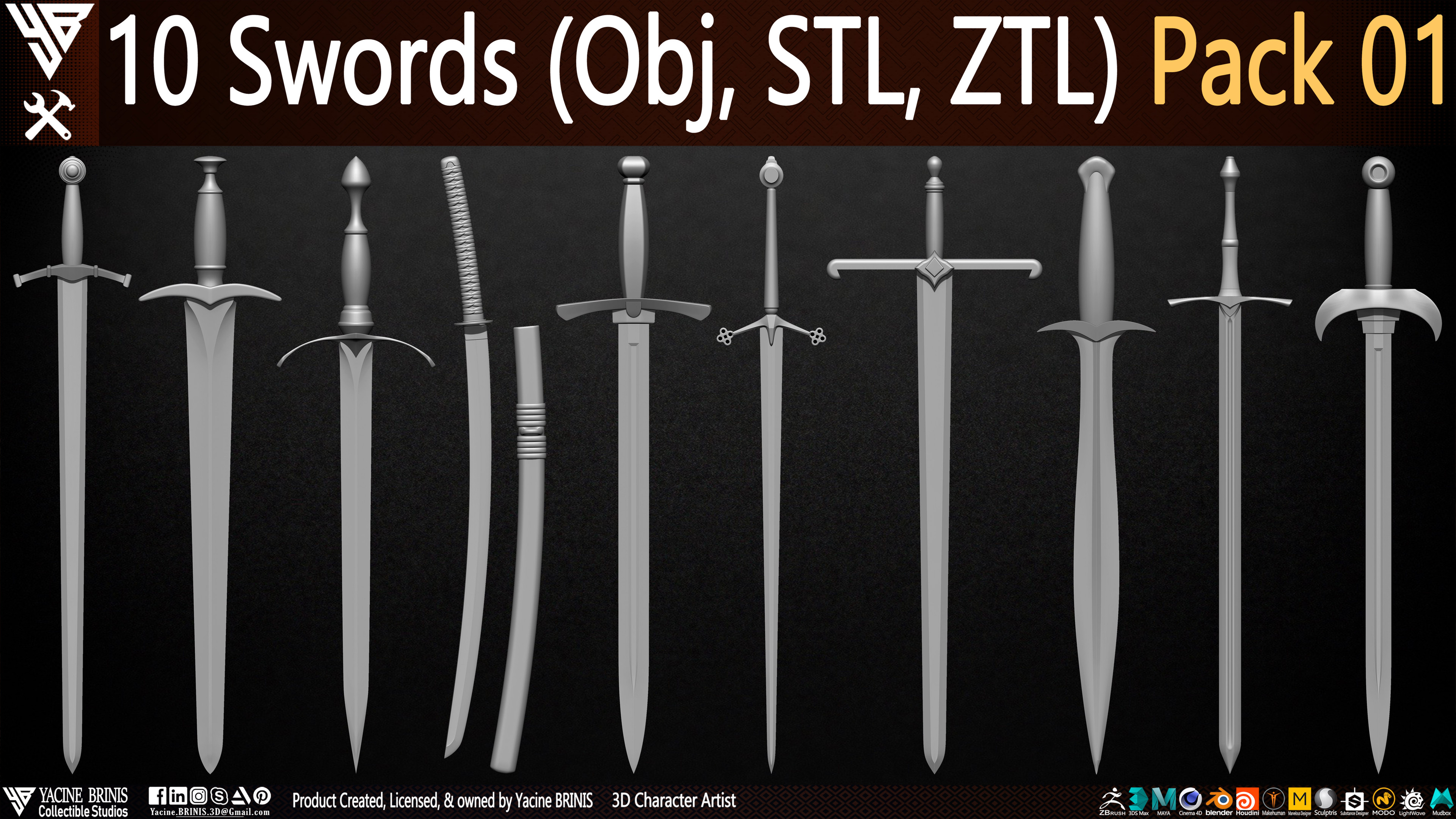 Swords Pack 01 By Yacine BRINIS (Obj, STL, ZTL) Set 001