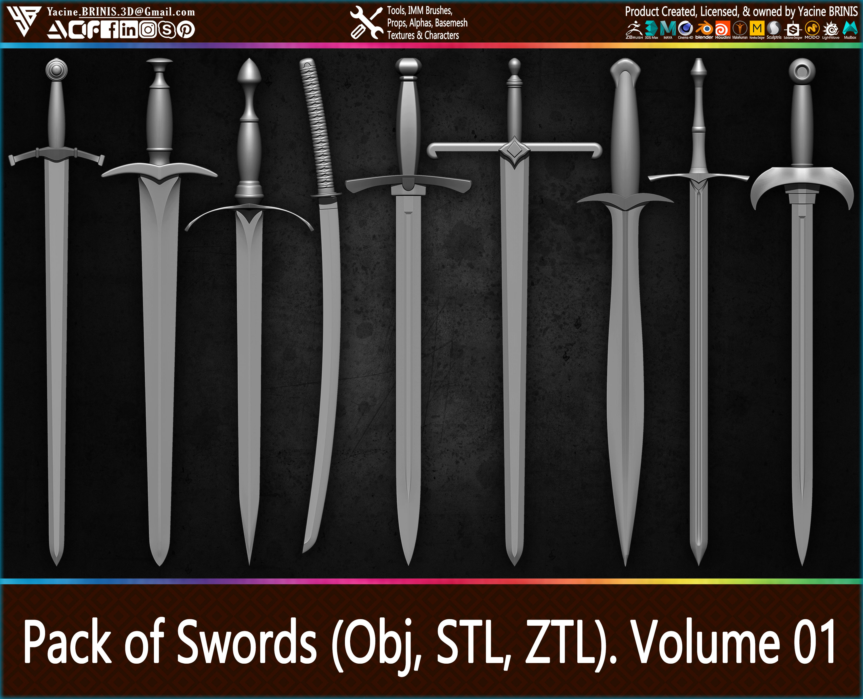 Swords Pack 01 By Yacine BRINIS (Obj, STL, ZTL) Set 006