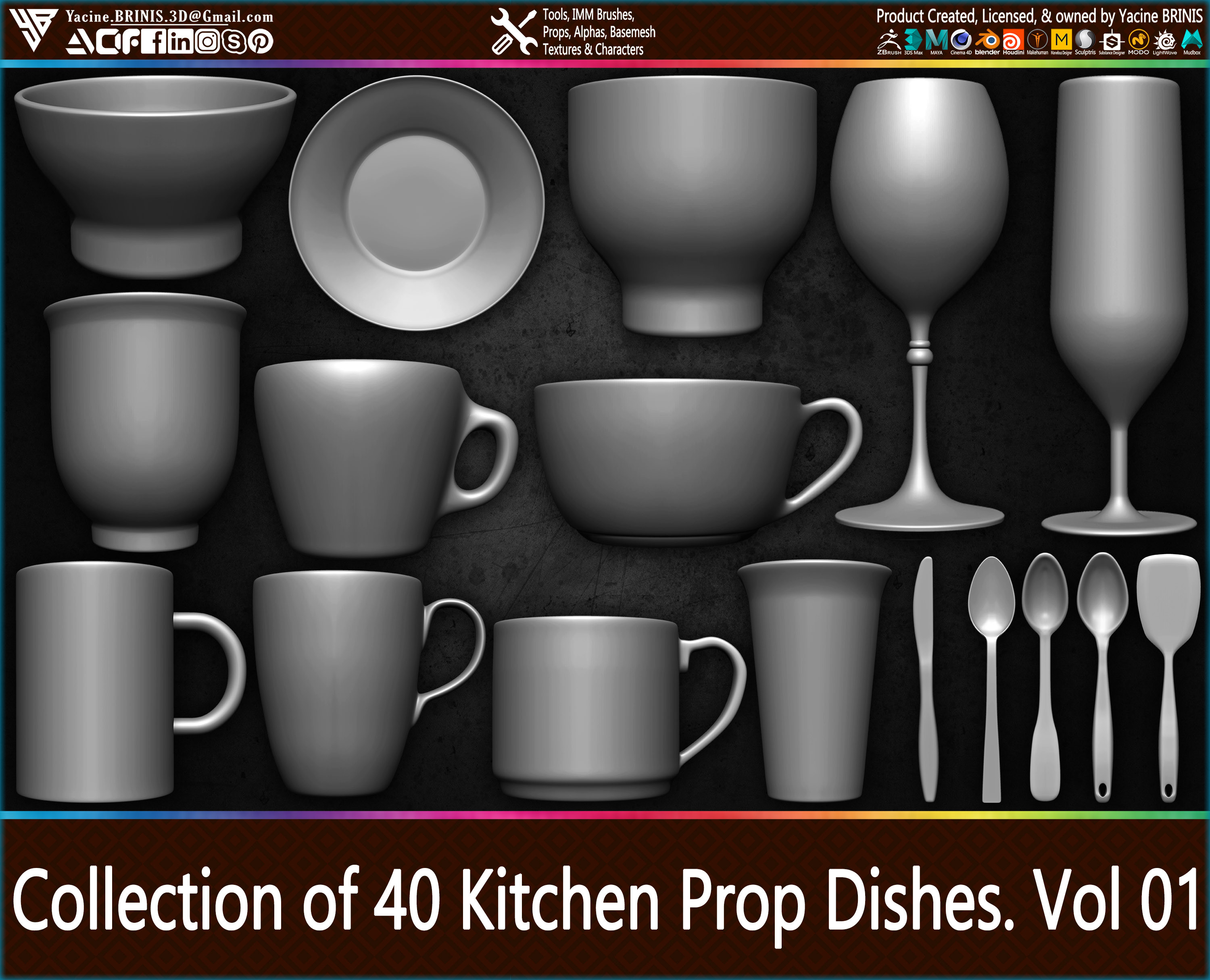 Collection of 40 Kitchen props Dishes By Yacine BRINIS Vol 01 Set 005