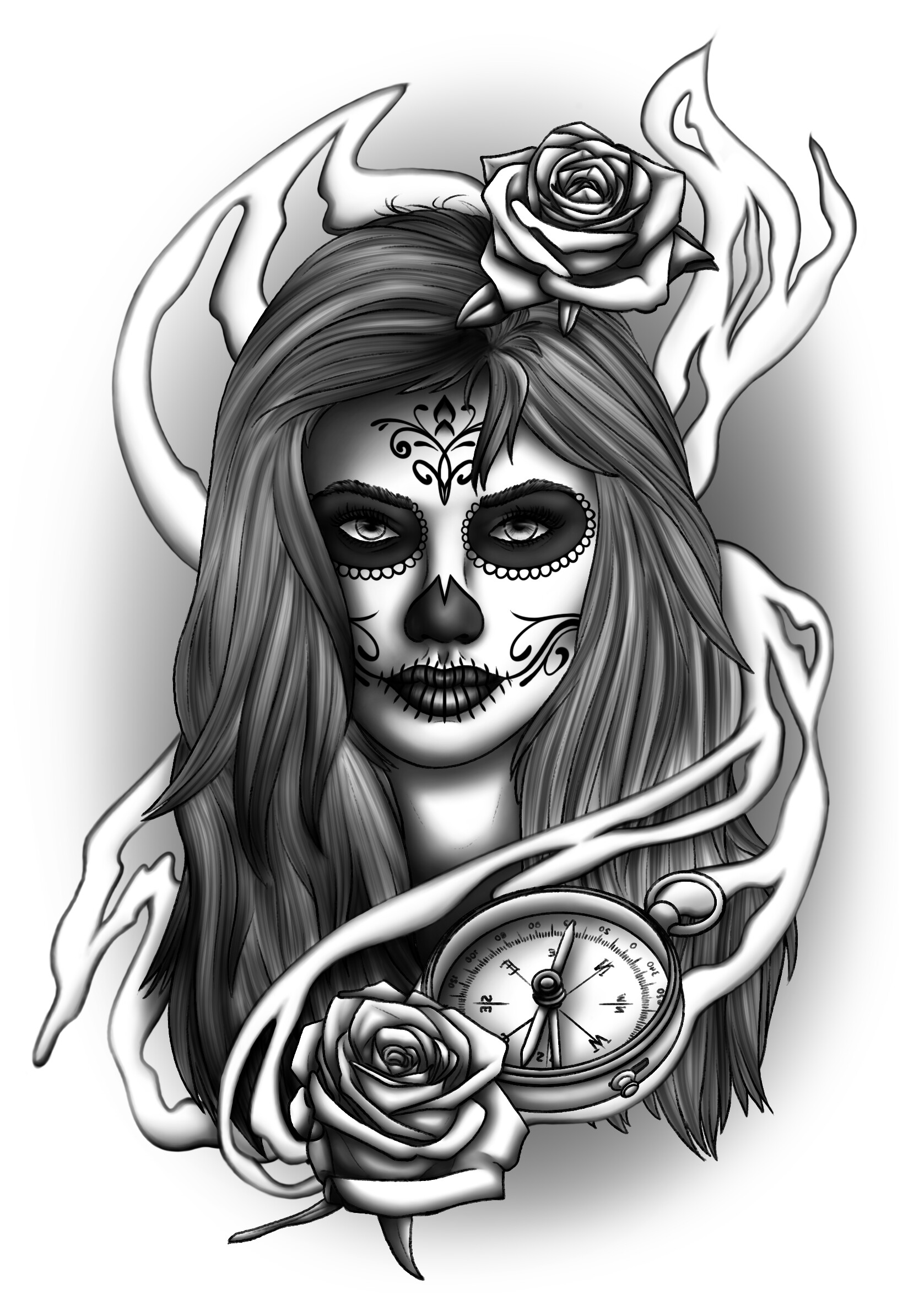 Monochromatic Sugar Skull Girl with Floral Ornament and Flower Stock Vector  - Illustration of horror, lady: 281543879