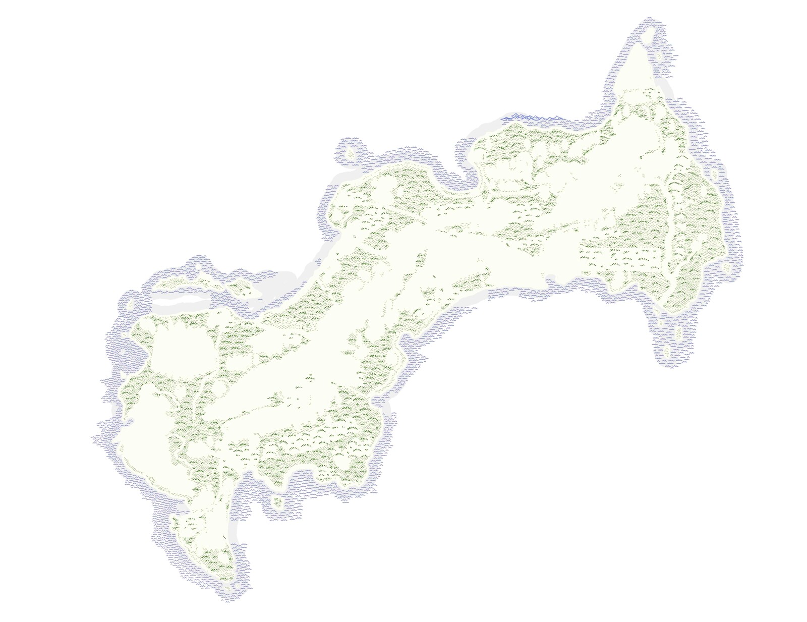 The layer showing the fine hand-drawn detail of waves and grass tufts. I chose to hand draw these assets because the rest of the map has a very slick, clean look and I wanted to give it distinct (if very subtle) texture.