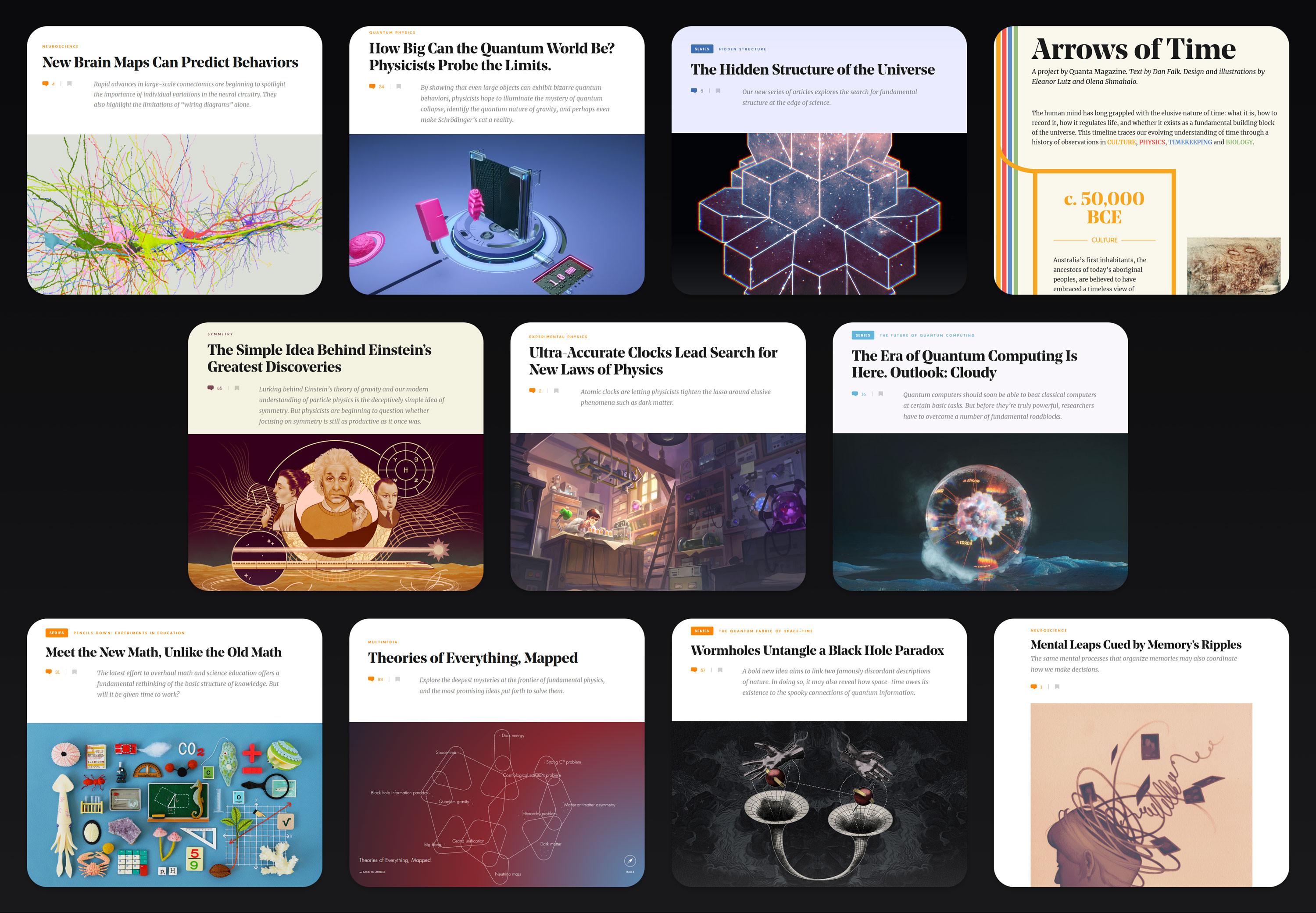 A small selection (out of hundreds of articles) I art-directed from 2014-2021 ↑
More (Pinterest): https://pin.it/3qK0JdJ

Lede art I created, on Quanta:
https://tinyurl.com/QuantaMag-Olena

—