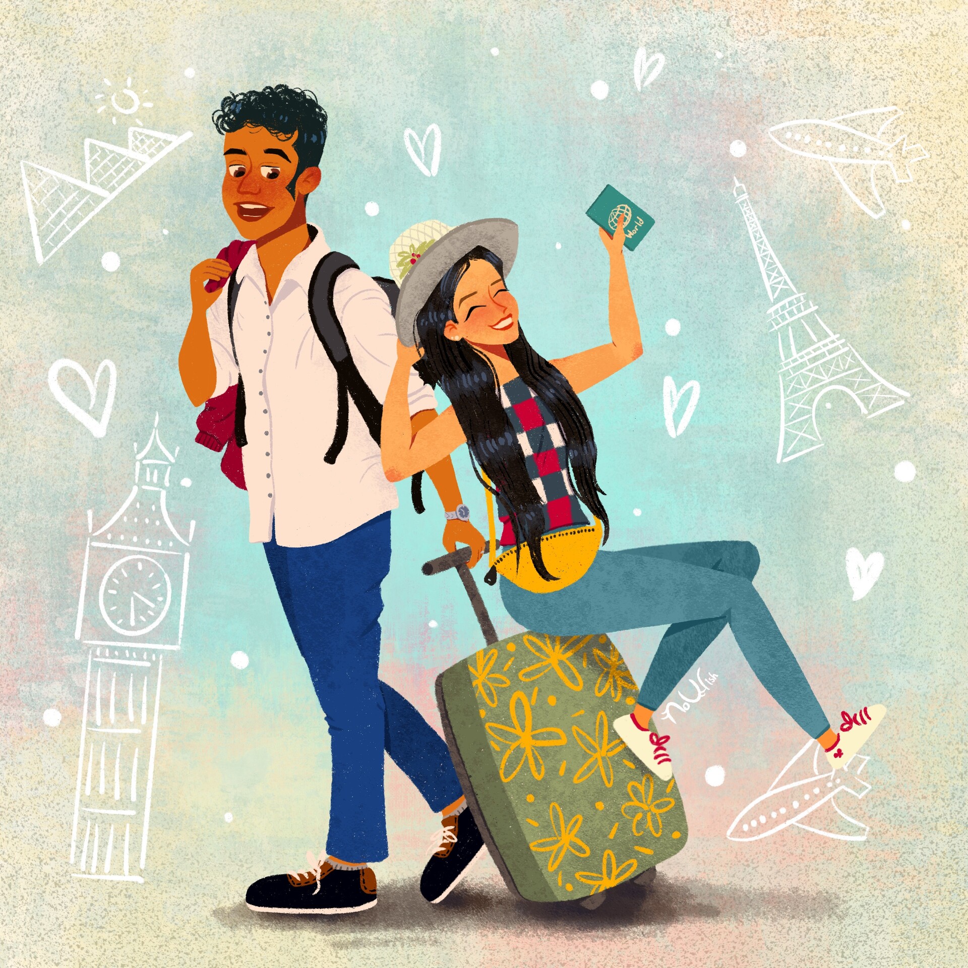 couple travel drawing